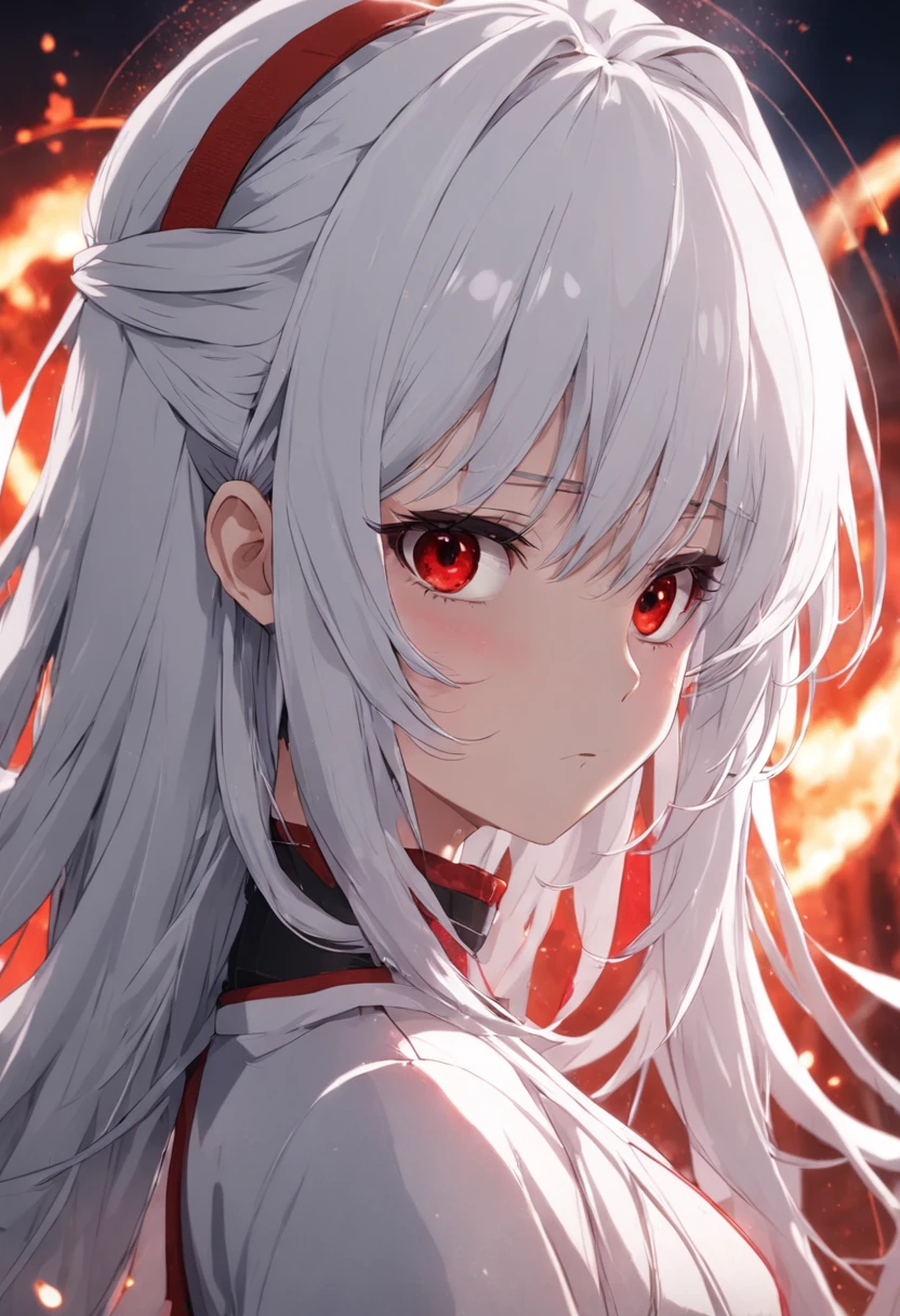 (masterpiece:1.3), (best quality:1.1), (8k, ultra detailed, ultra high res:1.2), ((anime style)), perfect 5 fingers, perfect anatomy, 
1girl,
BREAK long hair, (white hair:1.2), 
red eyes, dress, (Opalescent dress:1.4), 
(looking up:1.2), shoot from side, 
upper body, 
standing, 
no background, 