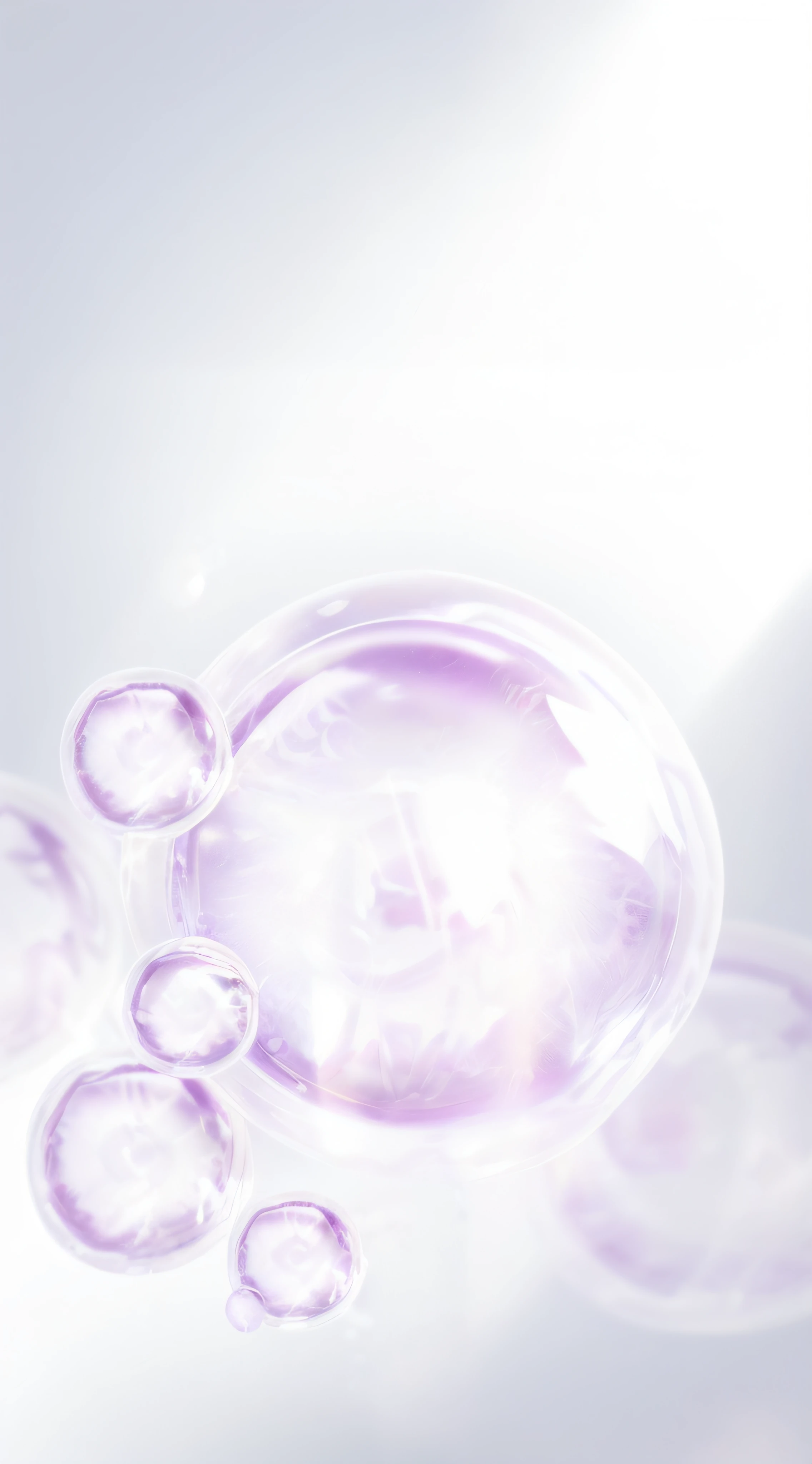 Floating on a white surface, there are many bubbles in the air, bubbling skin, Ethereal bubbles, Bubble background, translucent sphere, soft iridescent membranes, transparent vibrant glowing skin, iridescent soapy bubbles, soft purple glow, liquid simulation background, translucent sphere, Soap Bubbles, transparent droplets, water bubbles, Transparent skin, sterile background