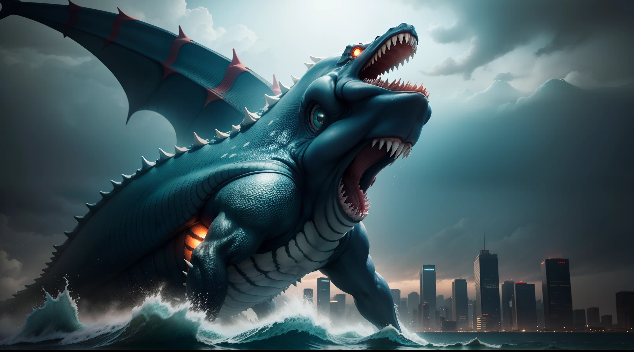 Mutated sea creatures invade Japan, Coming soon to land in the city, Frightened crowds on the beach, The background is a modern city, cinematic lighting, from side, panorama, Sony FE GM, UHD, masterpiece, ccurate, textured skin, super detail, high details, 16k, award winning, best quality