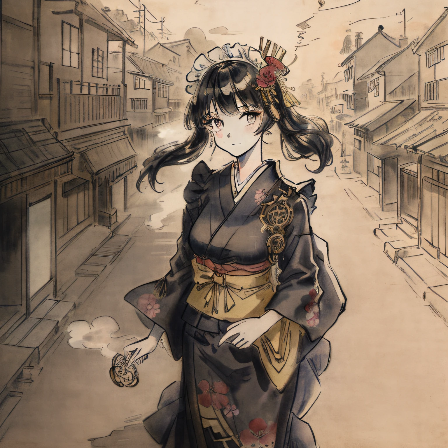 (extremely detailed CG unity 8k wallpaper),(masterpiece), (best quality), (ultra-detailed), (best illustration),(best shadow), (an extremely delicate and beautiful), dynamic angle, floating, finely detail, (bloom), (shine), glinting stars, classic, (painting), (sketch), Taisho steampunk, (steampunk:1.2)
(1girl:1.7), (2020s), (cute face:1.3), anime face, ((solo)), beautiful detailed face, shiny hair, colorful clothes, (kimono), (Japanese maid), maid dress, maid headdress, hair flower, hair ornament, (Frill), Brass Pocket Watch, extremely delicate and beautiful girls, beautiful detailed eyes, cowboy shot,
steam train, building architecture, (Japanese style architecture), (street:1.2)