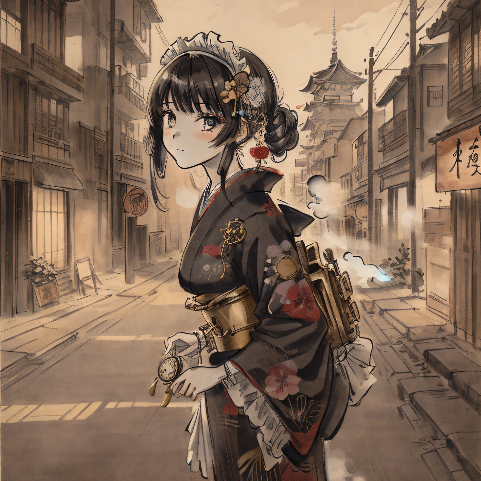 (extremely detailed CG unity 8k wallpaper),(masterpiece), (best quality), (ultra-detailed), (best illustration),(best shadow), (an extremely delicate and beautiful), dynamic angle, floating, finely detail, (bloom), (shine), glinting stars, classic, (painting), (sketch), Taisho steampunk, (steampunk:1.2)
(1girl:1.7), (2020s), (cute face:1.3), anime face, ((solo)), beautiful detailed face, shiny hair, colorful clothes, (kimono), (Japanese maid), maid dress, maid headdress, hair flower, hair ornament, (Frill), Brass Pocket Watch, extremely delicate and beautiful girls, beautiful detailed eyes, cowboy shot,
steam train, building architecture, (Japanese style architecture), (street:1.2)