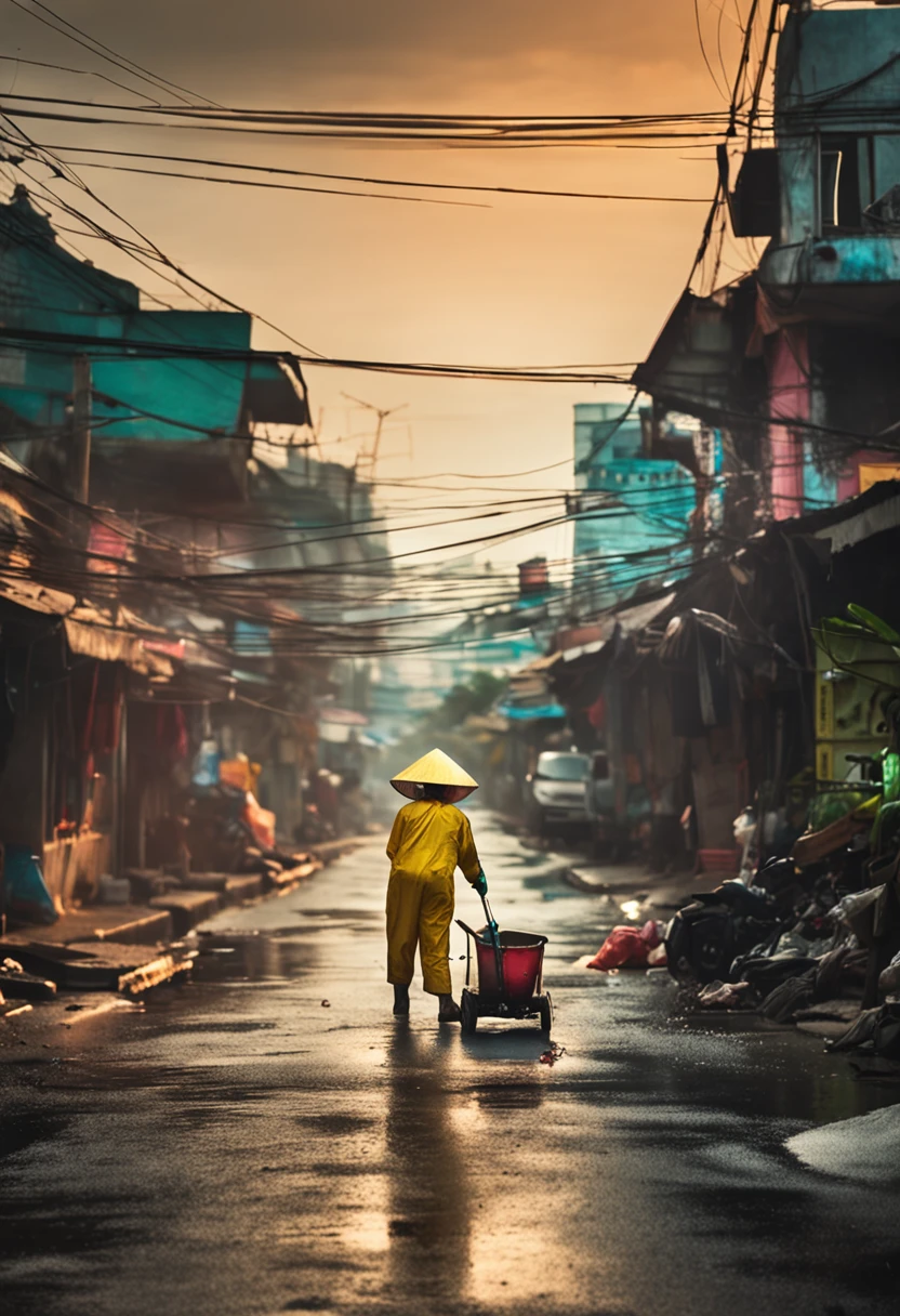 vietnam street sweeper in her yellow suite sweeping garbage on the street at night with kids