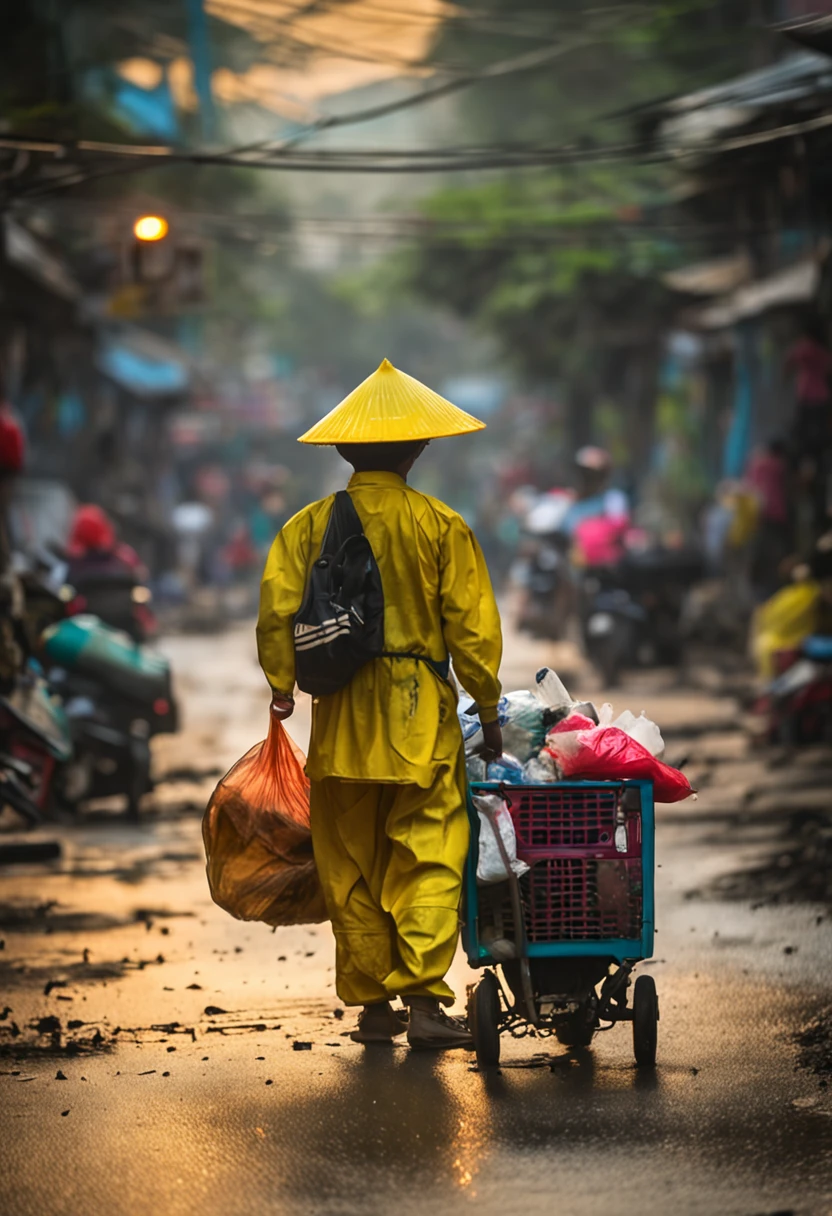 Portrait photo of sanitation workers, Chinese uncle ordinary sanitation workers wearing sunglasses, standing at the intersection to sweep the road, very sad, hyper-realistic, real --auto --s2