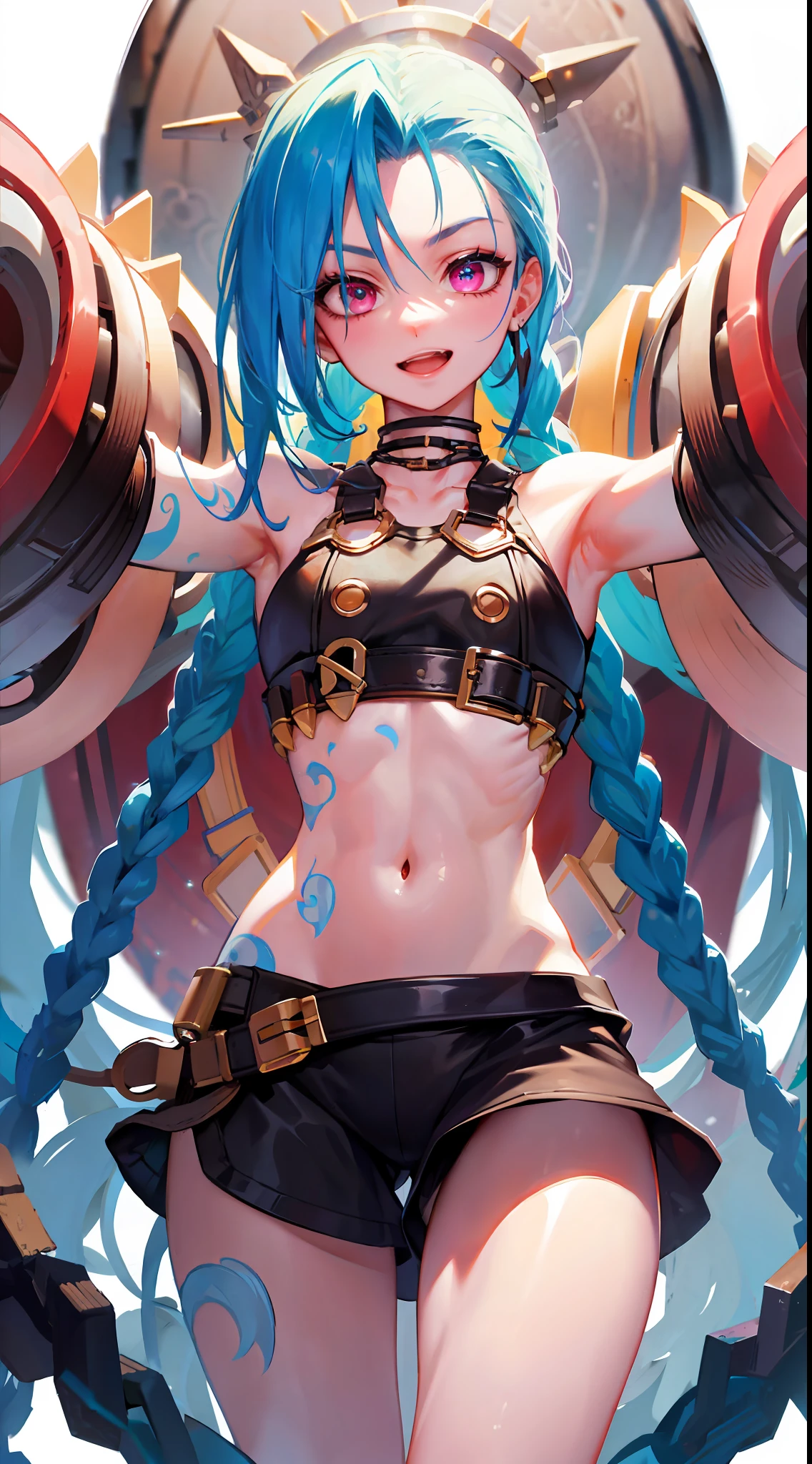 Jinx,having fun，Crop topping，Open chain，Get close to the lens，highly rendered，detailed face with，Fleshy thighs