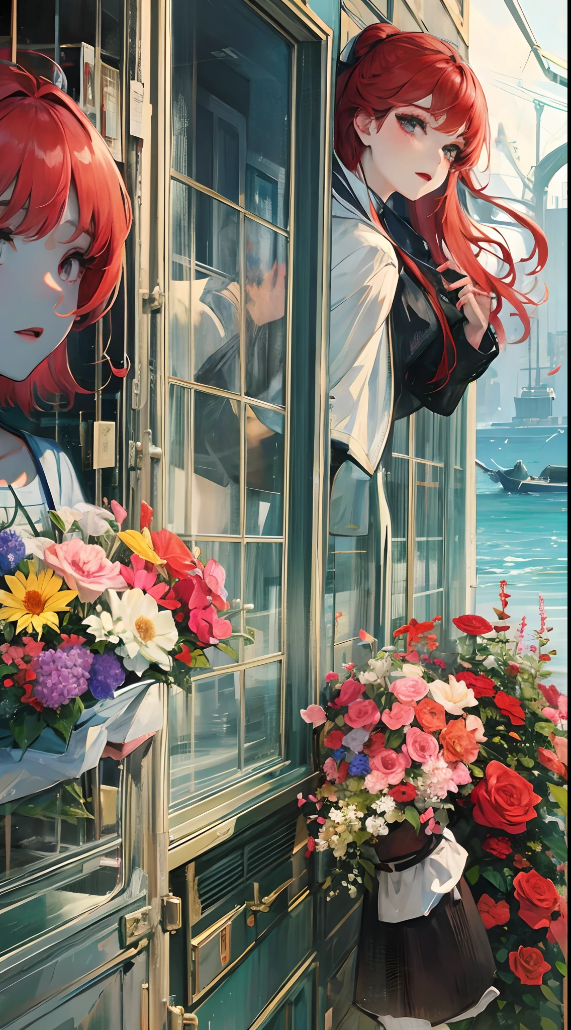 Red-haired girl in the deep sea,Flowers in hand。