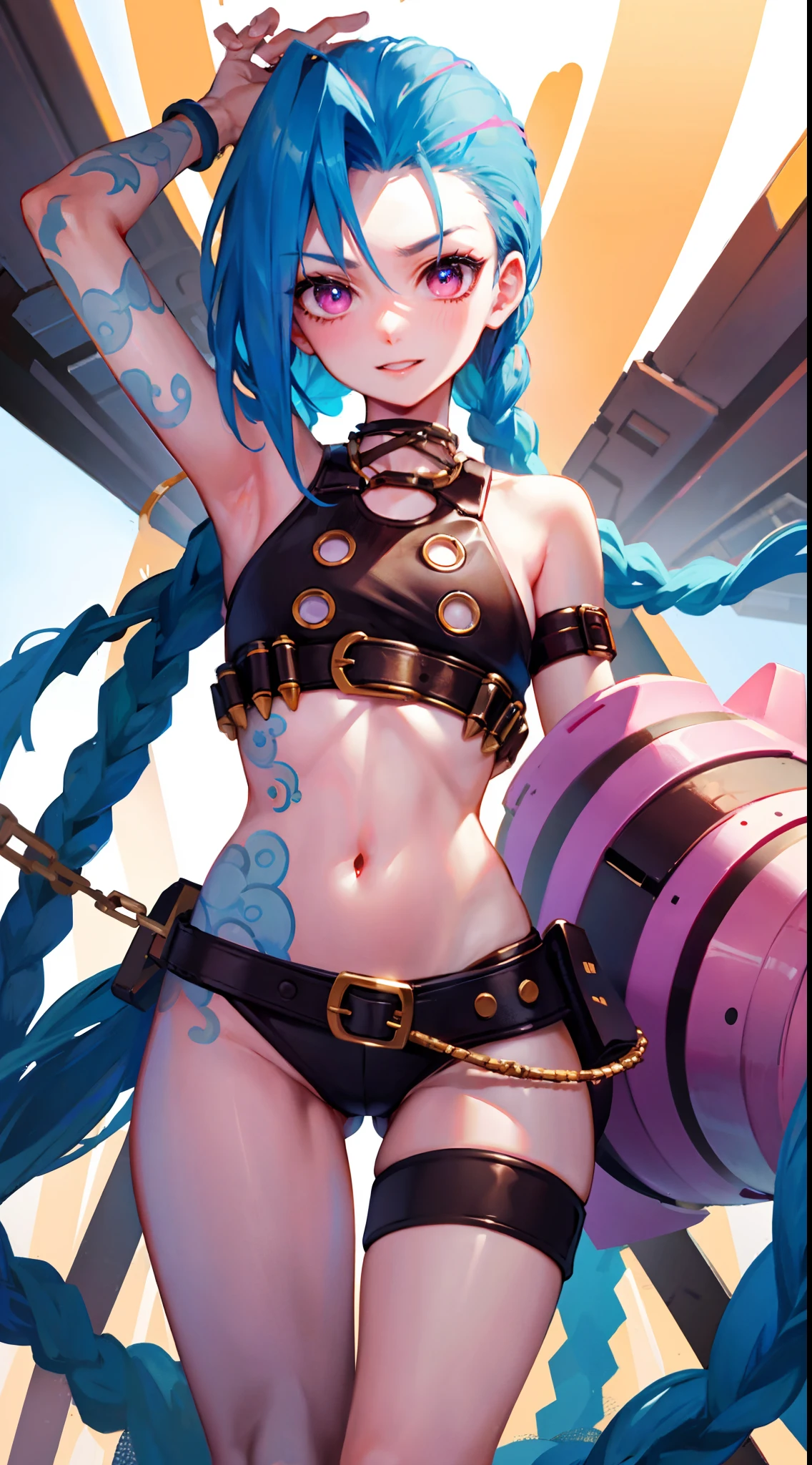 Jinx,having fun,Crop topping,Open chain,Get close to the lens,highly rendered,detailed face with,Fleshy thighs