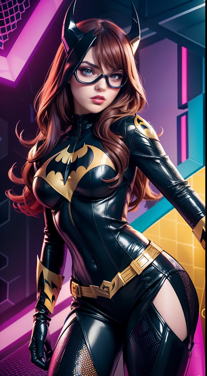 Sexy Batgirl from DC Comics, Masterpiece, Best Quality, abstract, Psychedelic, Neon, (honeycomb pattern), (creative:1.3), Sy3, SMM, fantasy00d