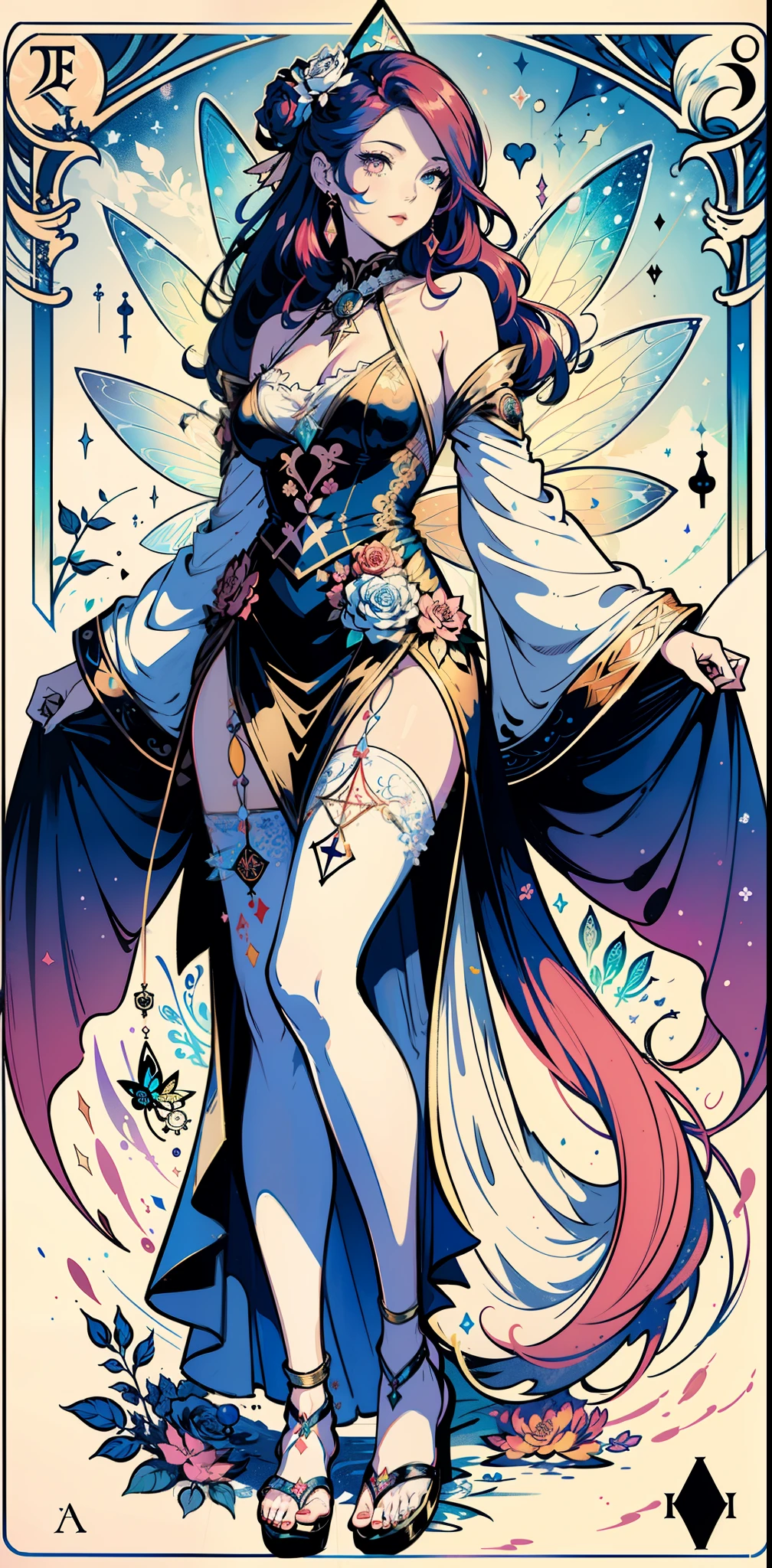 (Golden Ratio:1.2),(rose graffiti:1.2),(fault color:1.3),[(white background:1.4)::10], (full body:1.2),(ultra-detailed:1.3),(tarot:1.6),(the magician (tarot):1.6),

Beautiful woman, (mature face:1.4), extremely detailed face and eyes, (paper:1.2),(fairy:1.6),(fairy wings:1.2),full body, standing in the air,(cool:1.2),(red long hair),(butterfly hair ornaments),(flower hair ornaments:1.0),((sandal,Locket)),(colorful cocktail long dress:1.0)+(Loose sleeves coat :1.3)+(floting colorful tassel and ribbon :1.2),(White stockings:1.2), absurdes, 4k,

(colorful ink paper flower grow on the face:1.2),(colorful flower sea:1.3),

(chaotic geometric images:1.3),(nagative space:0.8),(drawing board:1.3),

(ether colorful ink flowing:1.3)
