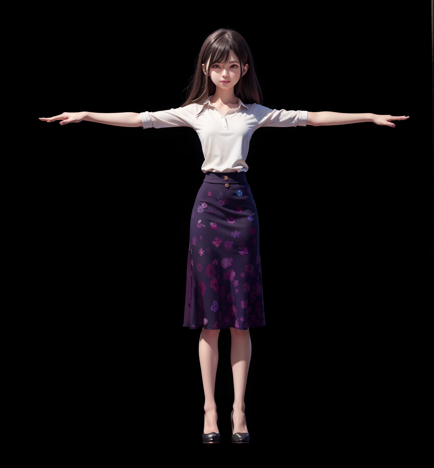 in a skirt,Arad woman with outstretched arms, highly detailed character, an animated character, 3 d character, 3d character, Female character, character is in her natural pose, full body single character, character posing, render of a cute 3d anime girl, character model, fully body pose, full body character, 3 d character render, heroines,Stylish white shirt,
