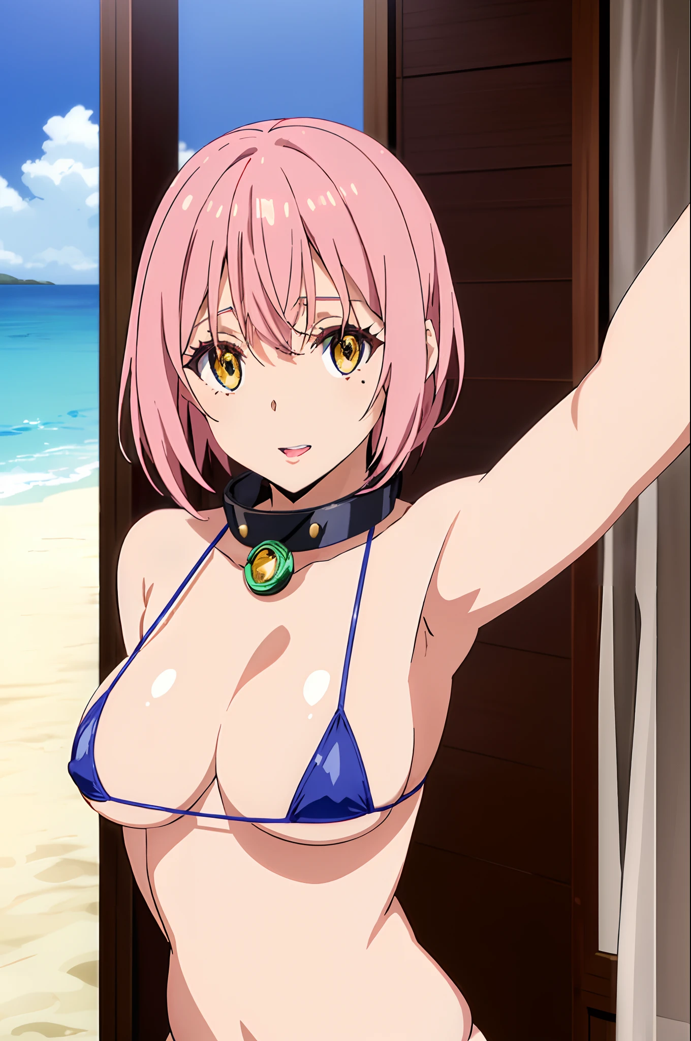 tensura, minamikotobuki\(oshinoko\), 1girl (masterpiece) (best quality)(shiny hair)(shiny skin)(shiny skin), 1 girl, solo, short hair, boob curtain, under boobs, upper body, (micro bikini), presenting armpit, bare shoulder, collar bone, mole, arm up, beach, selfie