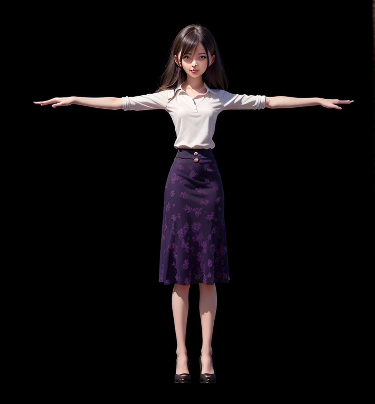 in a skirt,Arad woman with outstretched arms, highly detailed character, an animated character, 3 d character, 3d character, Female character, character is in her natural pose, full body single character, character posing, render of a cute 3d anime girl, character model, fully body pose, full body character, 3 d character render, heroines,Stylish white shirt,