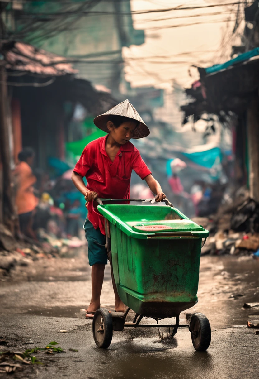 vietnam street sweeper in suite sweeping garbage on the street at night with kids
