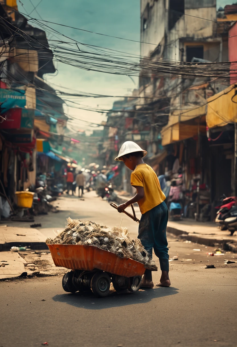 vietnam street sweeper in suite sweeping garbage on the street at night with kids