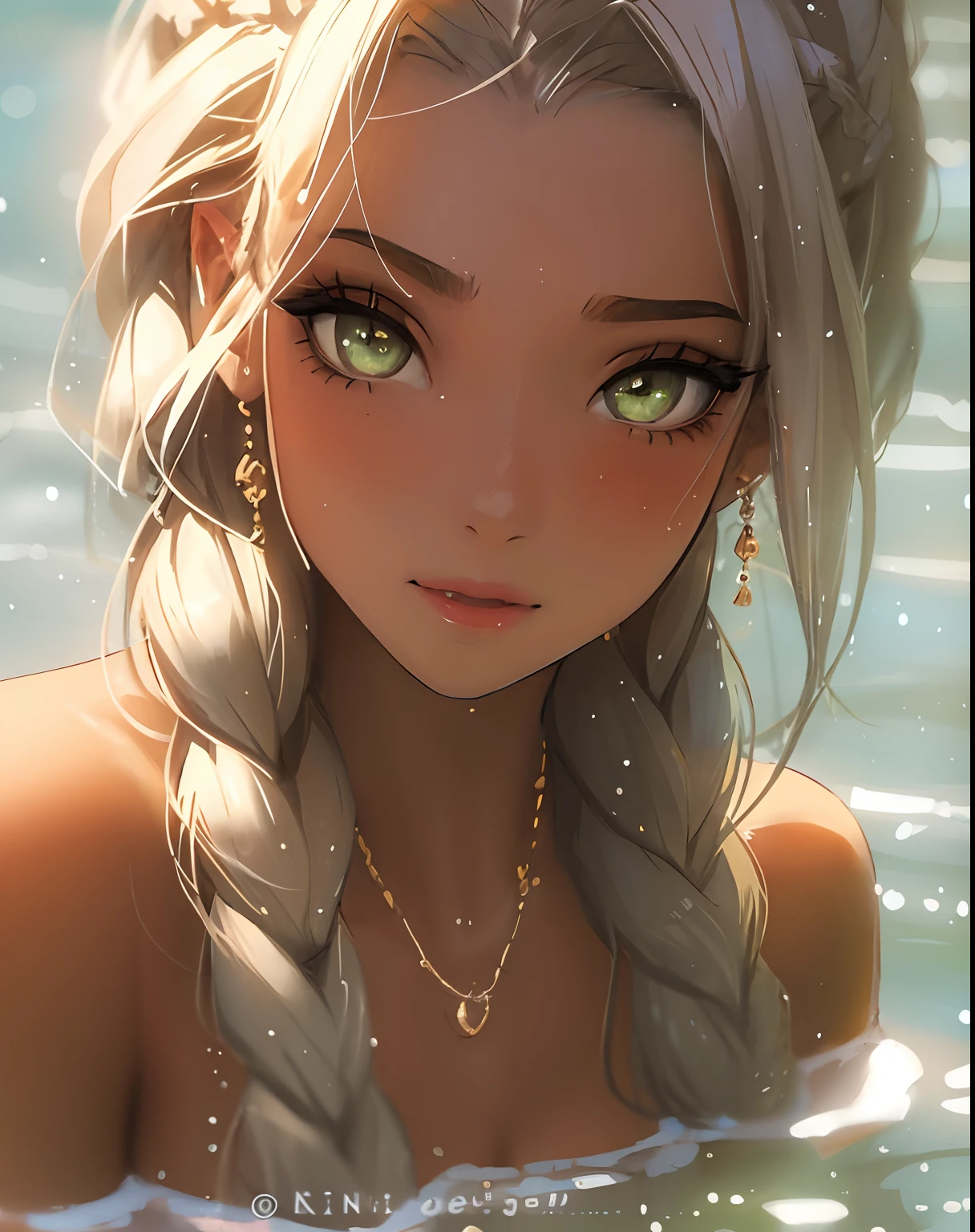 Hay una chica con trenzas en el agua con un collar, Impresionante retrato de cara de anime, Anime style. 8k, Hermoso retrato de anime, Estilo anime 4K, hermosa chica de anime, Obras de arte al estilo de Guweiz, cabello rubio ojos verdes, Lindo arte digital detallado, Hermosa cara de anime, Hermosa obra de arte digital, Hermosa mujer anime, Arte detallado del anime digital