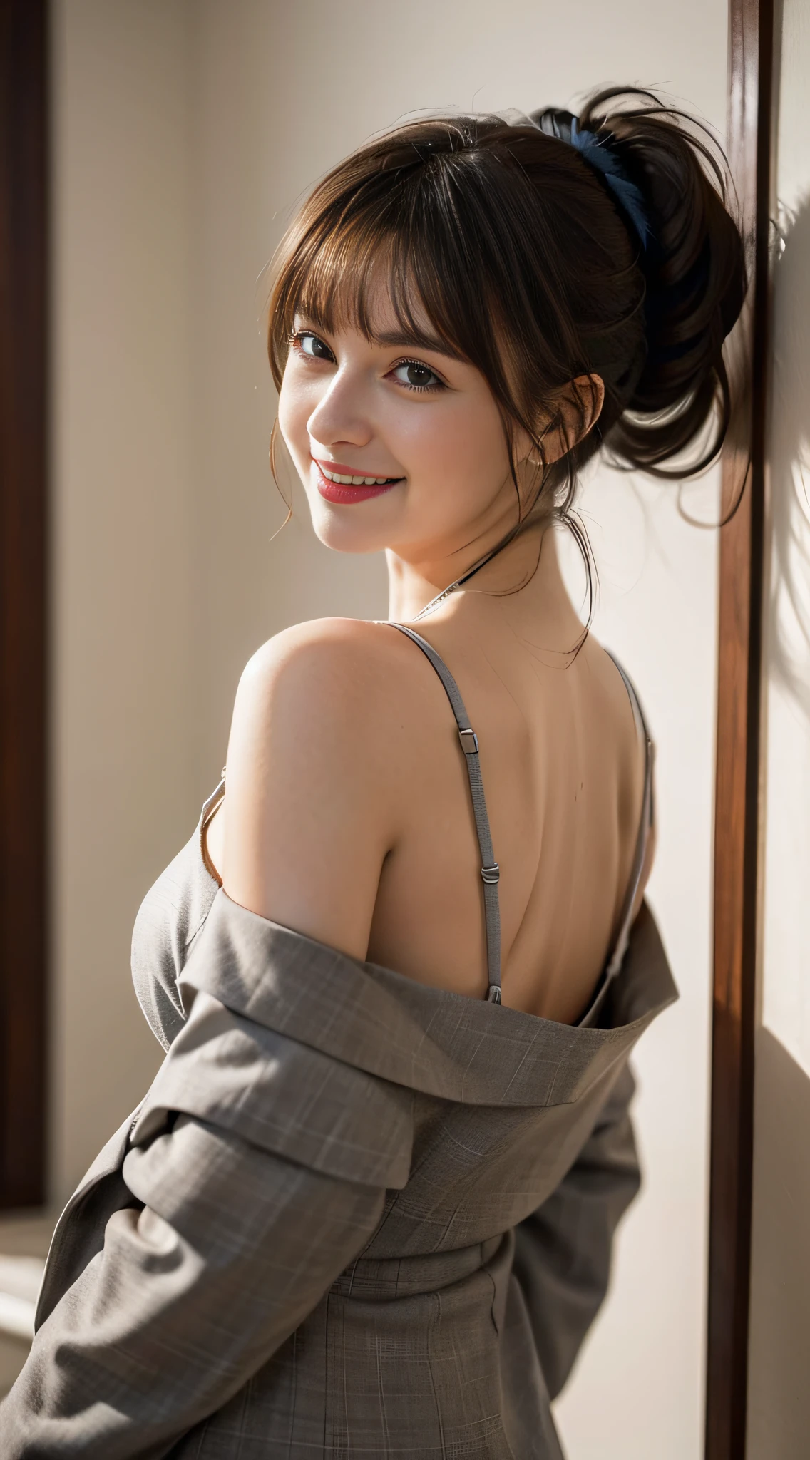 (dasha taran),(Suit)Huge breasts,huge breasts2.0,longbreast,Blunt bangs,Smile,Low ponytail