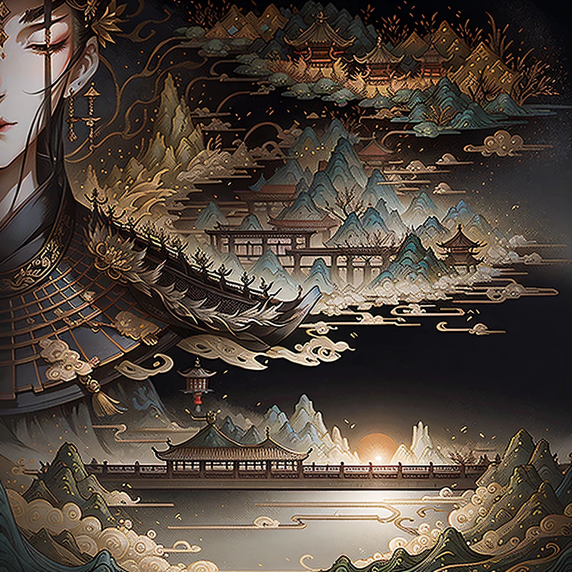 An ancient Chinese painting, ancient Chinese background, mountains, rivers, auspicious clouds, pavilions, sunshine, masterpieces, super detail, epic composition, ultra HD, high quality, extremely detailed, official art, unified 8k wallpaper, Super detail, 32k -- v 6
