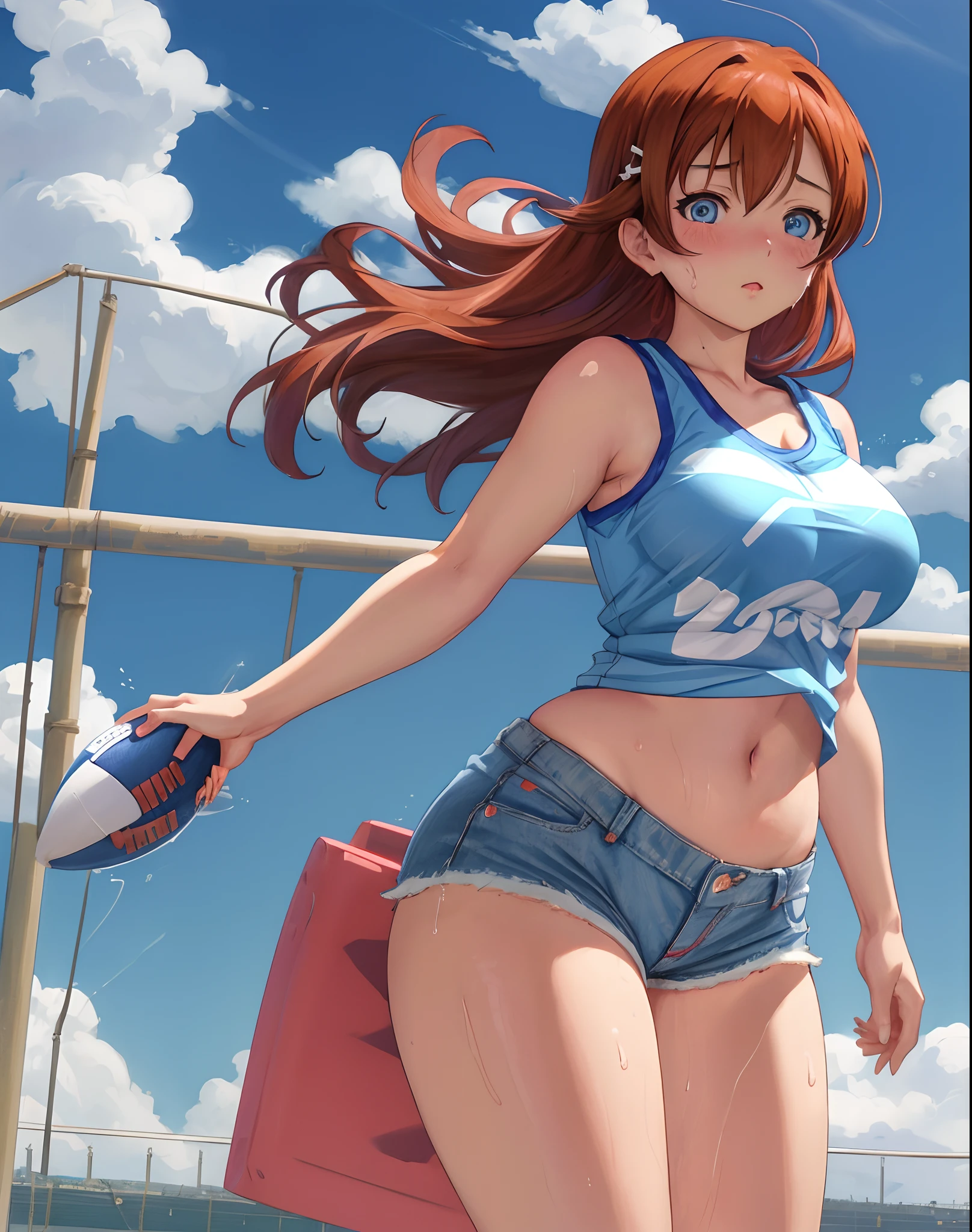 Kousaka honoka, blue eyes, short denim short, football tank top,(midriff:0.7), looking at viewer,(big breasts:0.8), solo, (pov from below:0.768), sweating, solo,(cowboy shot) , thicc thighs, thicc stomach,curvy body, llchar, hentai style