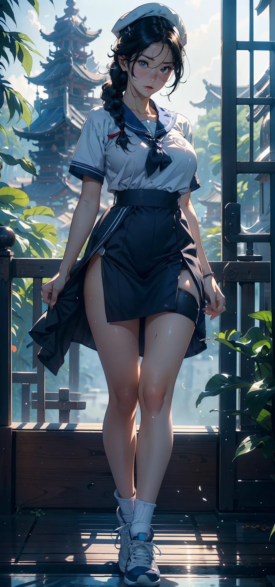 1female，1 ，Slim，Small loli，smallunderboob ，Pornographic exposure， 独奏，（Background with：ln the forest，the rainforest，in summer） She has long black hair，standing on your feet，Sweat profusely，drenched all over the body，seen from the front， hair straight， mostly cloudy sky，（（（tmasterpiece），（Very detailed CG unity 8K wallpaper），best qualtiy，cinmatic lighting，detailed back ground，beatiful detailed eyes，Bright pupils，（Very fine and beautiful），（Beautiful and detailed eye description），ultra - detailed，tmasterpiece，）），facing at camera，A high resolution，ultra - detailed），revealing breasts，Bare genitalia，  Bulge，legs are open，Raised sexy，Camel toes，Flushed complexion，Open-mouthed，frontage，elementag：Blue sailor uniform，Sailor's cap，Cloak）