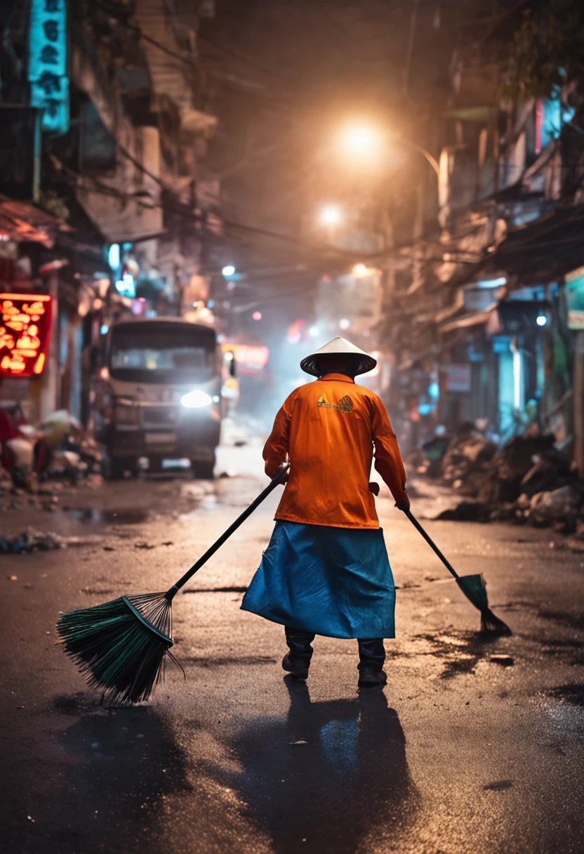 vietnam street sweeper in suite sweeping garbage on the street at mid autumn night with kids