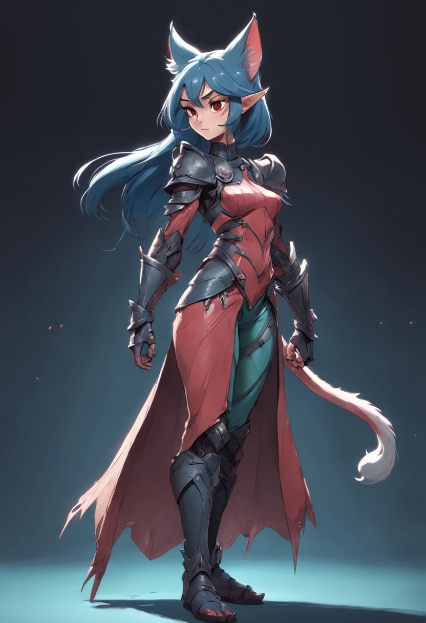Game character standing drawing design，Disney animation，Disney animation style，Orc female，Cat-eared lady，Leather armor，Fur shoulders，Slim figure，The barefoot，Holding a red dagger，Different layers overlay，Different angles，（Back all over the body：1.4），solid color backdrop，clean backdrop，depth of fields，high light，Real light，Ray traching，OC renderer，UE5 renderer，Hyper-realistic，best qualtiy，8K，Works of masters，super-fine，Detailed pubic hair，Correct anatomy，
