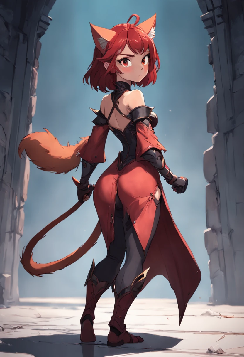 Game character standing drawing design，Disney animation，Disney animation style，Orc female，Cat-eared lady，Leather armor，Fur shoulders，Slim figure，The barefoot，Holding a red dagger，Different layers overlay，Different angles，（Back all over the body：1.4），solid color backdrop，clean backdrop，depth of fields，high light，Real light，Ray traching，OC renderer，UE5 renderer，Hyper-realistic，best qualtiy，8K，Works of masters，super-fine，Detailed pubic hair，Correct anatomy，