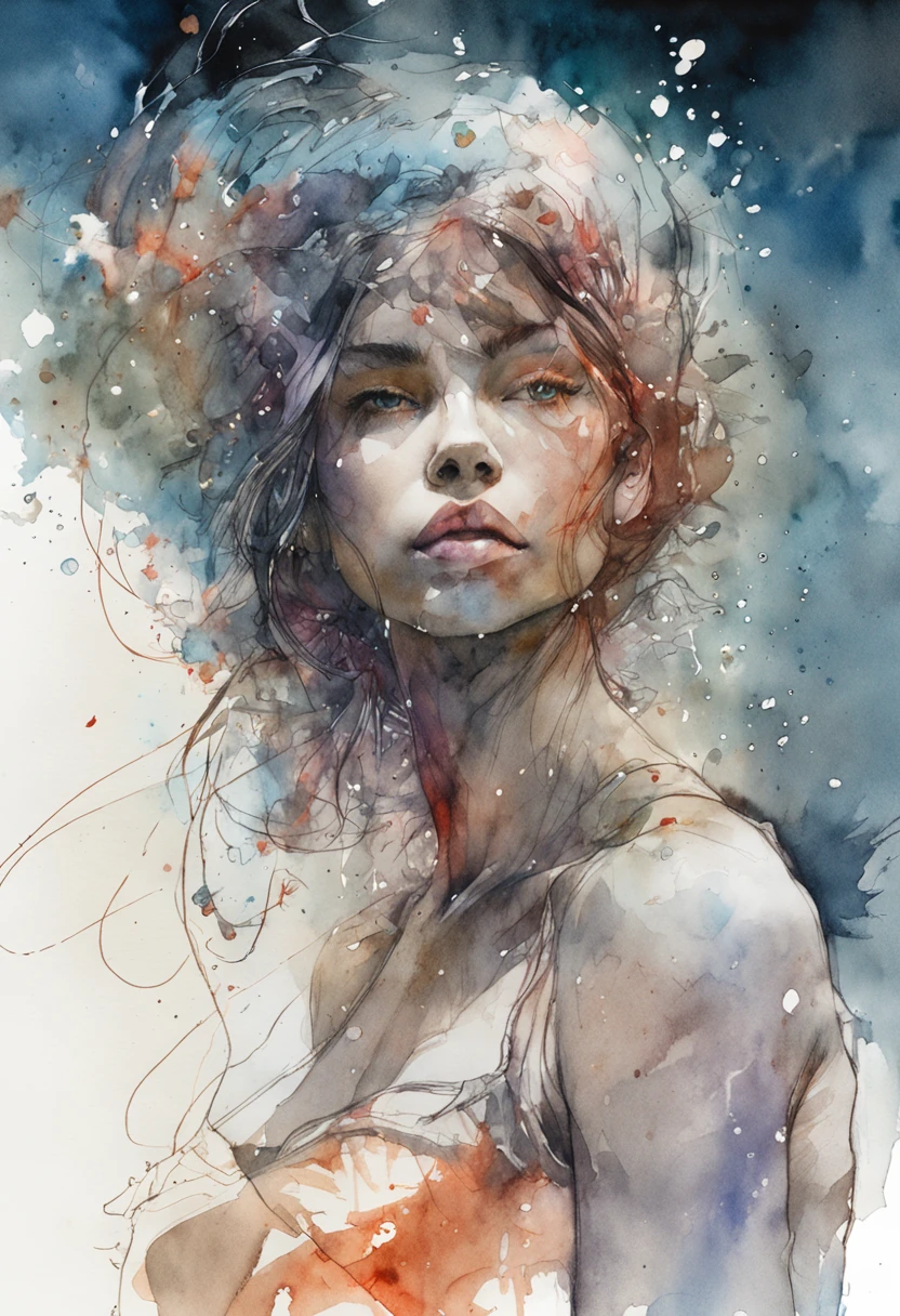 Bra, Breasts, cleavage, Enchanting, Ethereal, mistic, Otherworldly, Celestial, Futuristic.Beautiful girl watercolor painting with snow white fat breasts, art stations, concept-art, Art by Carne Griffiths and Wadim Kashin