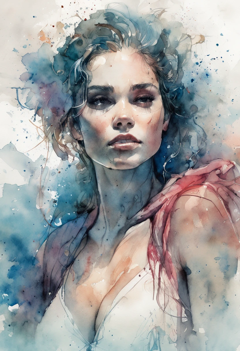 Bra, Breasts, cleavage, Enchanting, Ethereal, mistic, Otherworldly, Celestial, Futuristic.Beautiful girl watercolor painting with snow white fat breasts, art stations, concept-art, Art by Carne Griffiths and Wadim Kashin