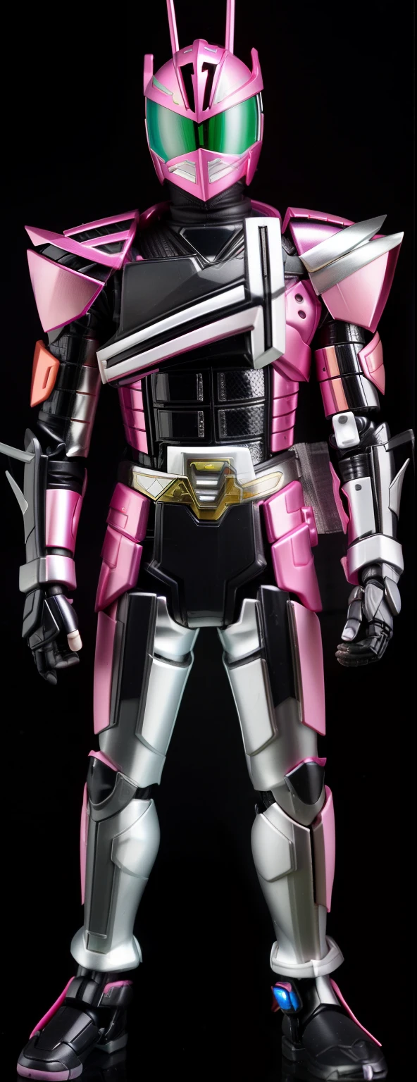 a close up of a toy figure of a man with a sword, fourze, kamen rider character, streamlined pink armor, slick pink armor, cyber japan style armor, kamen rider ghost, kamen rider, high fantasy kamen rider, kamen rider action pose, cyber japan armor, sharp silver armor fuchsia skin, cyber fight armor, neon pink and black color scheme