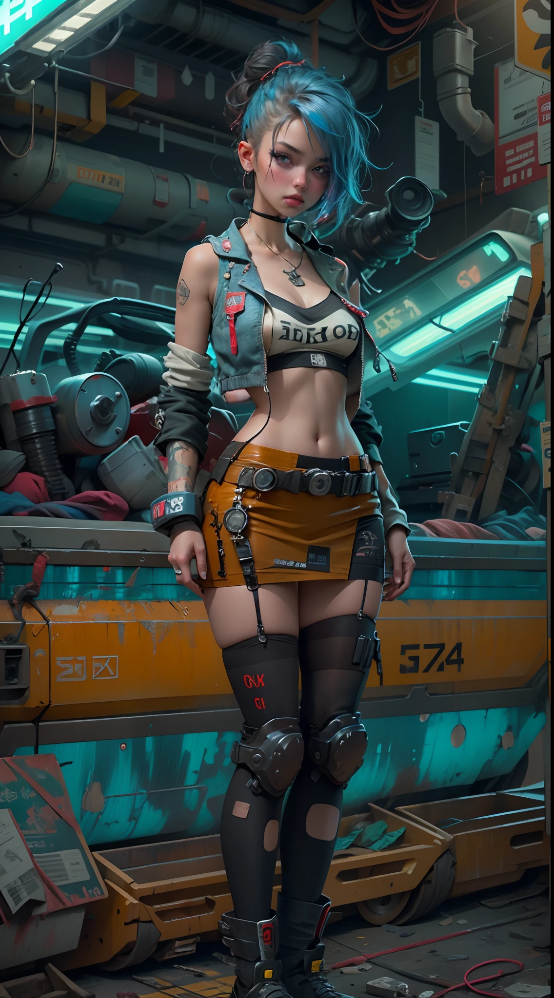 Retrato de Motor irreal:1.4,CG ultra realista 64K, fotorrealista:1.4, textura da pele:1.4, obra prima:1.4,posing behind beautiful woman with babydoll lingerie、Roupas curtas amarelas estilo cyberpunk, Red pantyhose , Mini saia azul,