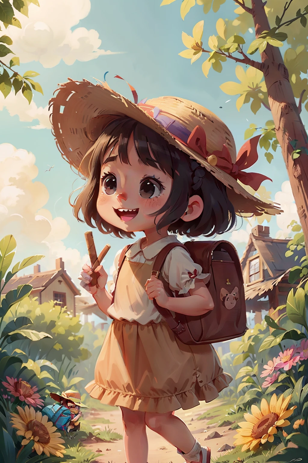 A 2-year-old girl wearing a straw hat，Full of smiles，Carrying a small school bag。largeeyes，small-nose