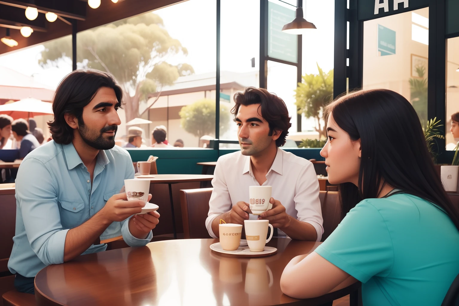 Date: 2017
Country: Australia
Description: In a whimsical Australian café, an young philosopher engages in a philosophical discussion with friends over pastel-colored cups of coffee. The soft daylight enhances the intellectual ambiance, reflecting Australia's diverse culture.