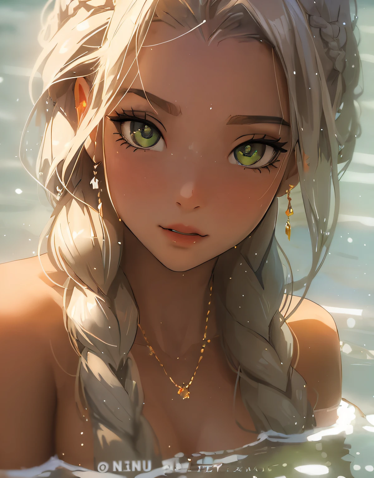 Hay una chica con trenzas en el agua con un collar, Impresionante retrato de cara de anime, Anime style. 8k, Hermoso retrato de anime, Estilo anime 4K, hermosa chica de anime, Obras de arte al estilo de Guweiz, cabello rubio ojos verdes, Lindo arte digital detallado, Hermosa cara de anime, Hermosa obra de arte digital, Hermosa mujer anime, Arte detallado del anime digital