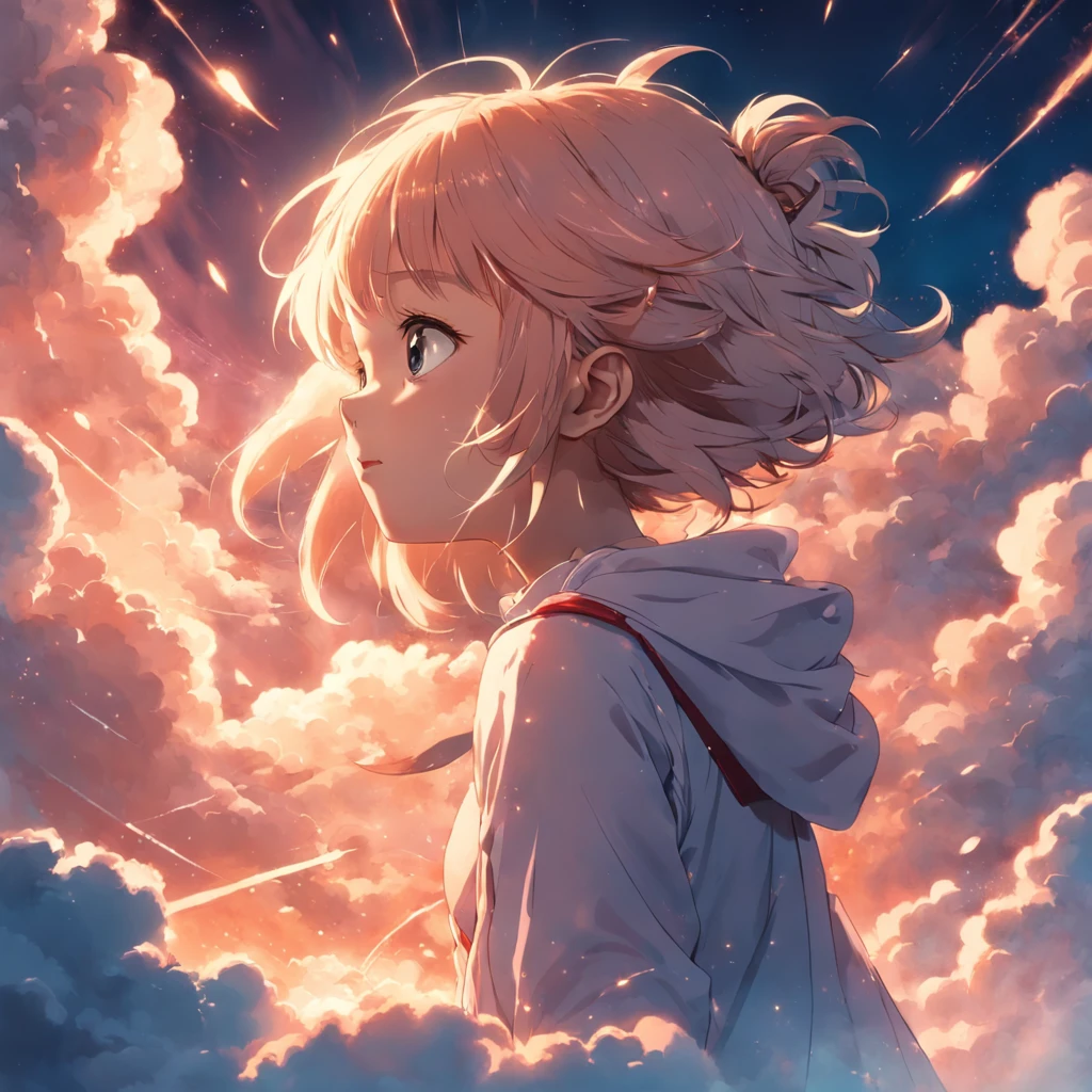 masterpiece, best quality, movie still, 1girl, cloud girl, floating in the sky, close-up, bright, happy, warm soft lighting, sunset, (sparks:0.7)
