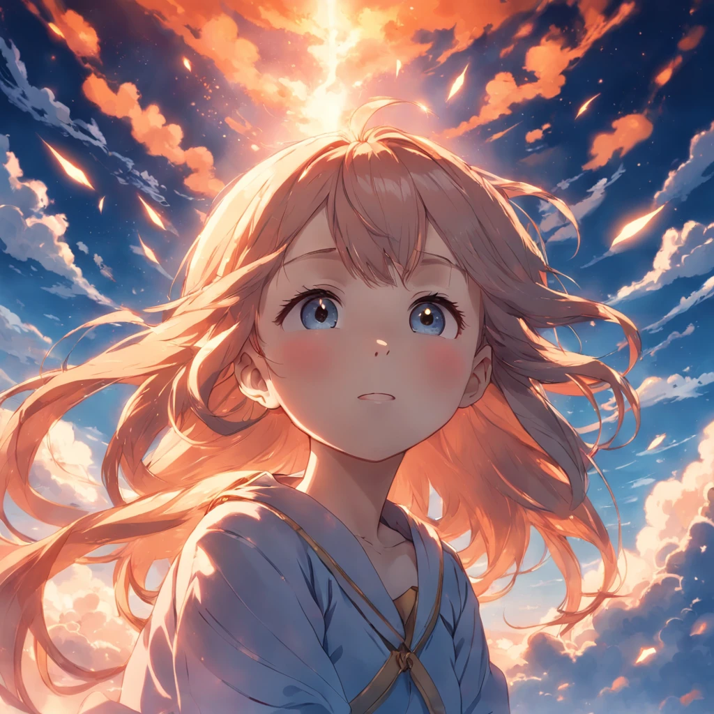 masterpiece, best quality, movie still, 1girl, cloud girl, floating in the sky, close-up, bright, happy, warm soft lighting, sunset, (sparks:0.7)