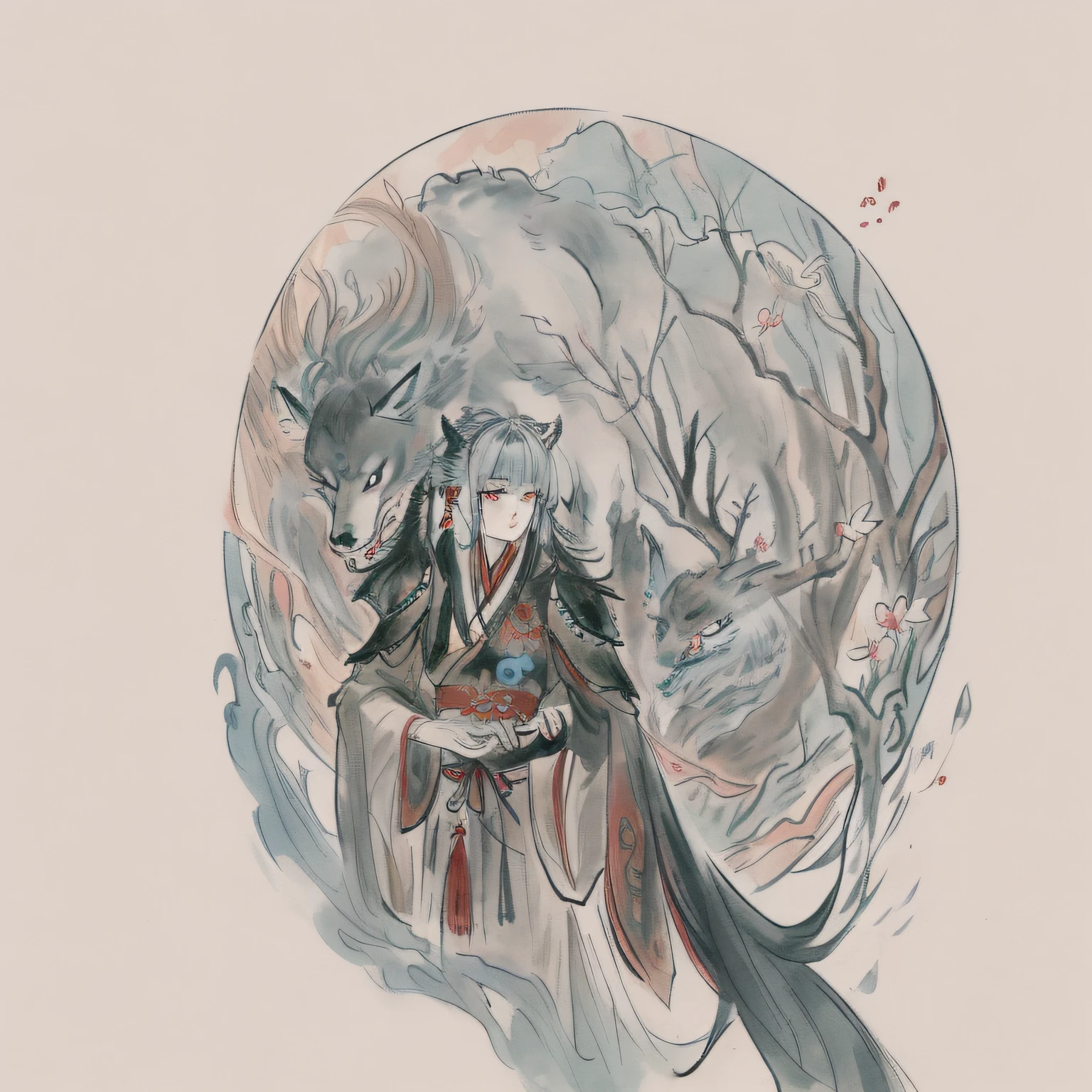 (masterpiece), (super delicate), (illustration), (extremely delicate and beautiful), (dynamic angle), black highlights, fluttered detailed ink splashs,(legendary wolf Empress:1.3),(1 girl),upper body, full moon,chinese armor,fairy,delicate face, (complex details) ,(beautiful and delicate eyes), golden eyes,Grey hair,messy floating hair, disheveled hair, focus, perfect hands, eyeshadow,red eyeliner,(fantasy style)
blue colors:Image quality improvement tag
green:Background elements and overall style,Fantasy style cannot be deleted。
other:The main thing is the character setting, and here thank you to the big guys in the group @Taoist Chemist ,The original tag is changed here to legendary wolf Empress,Wolf can be swapped for other animals,The effect is acceptable。
The copied pattern is mainly provided by Complex Details,Chinese armor can be swapped out for other style clothing。
Generating animals are generally heads,A few are whole-body,Very few human-animal fusions。