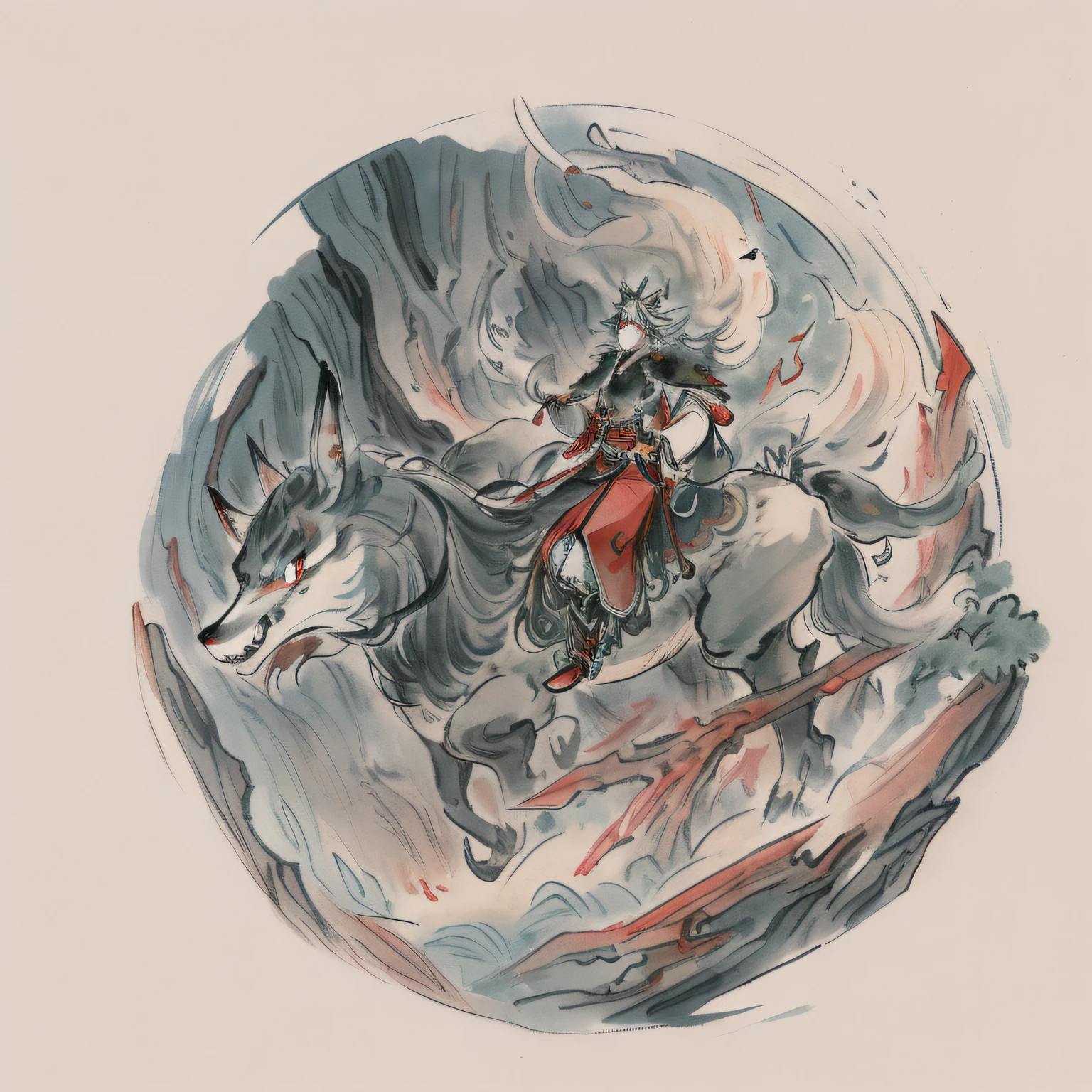 (masterpiece), (super delicate), (illustration), (extremely delicate and beautiful), (dynamic angle), black highlights, fluttered detailed ink splashs,(legendary wolf Empress:1.3),(1 girl),upper body, full moon,chinese armor,fairy,delicate face, (complex details) ,(beautiful and delicate eyes), golden eyes,Grey hair,messy floating hair, disheveled hair, focus, perfect hands, eyeshadow,red eyeliner,(fantasy style)
blue colors:Image quality improvement tag
green:Background elements and overall style,Fantasy style cannot be deleted。
other:The main thing is the character setting, and here thank you to the big guys in the group @Taoist Chemist ,The original tag is changed here to legendary wolf Empress,Wolf can be swapped for other animals,The effect is acceptable。
The copied pattern is mainly provided by Complex Details,Chinese armor can be swapped out for other style clothing。
Generating animals are generally heads,A few are whole-body,Very few human-animal fusions。