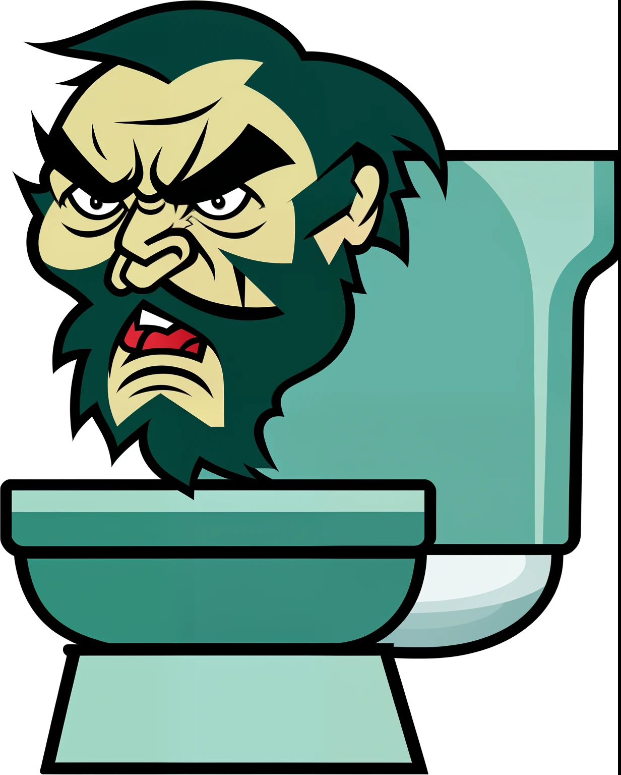 A man's head poked out of the toilet,Horrible human heads,There is a neck under the human head,The style does not change,The main color is changed to color,Cartoon man in the toilet,an angry, siting on a toilet, an extremely angry, menacing, looking threatening, clip art, menacing!, Grumpy, threatening, scowling, scary angry pose