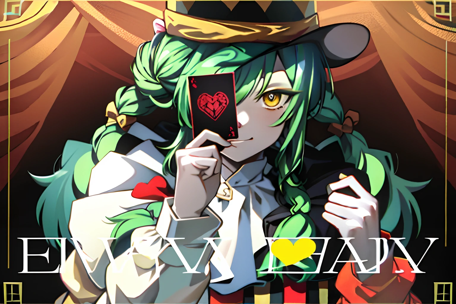 Evil baby, 1girl, braid hair, green hair, yellow eyes, white shirt, heart-shaped card