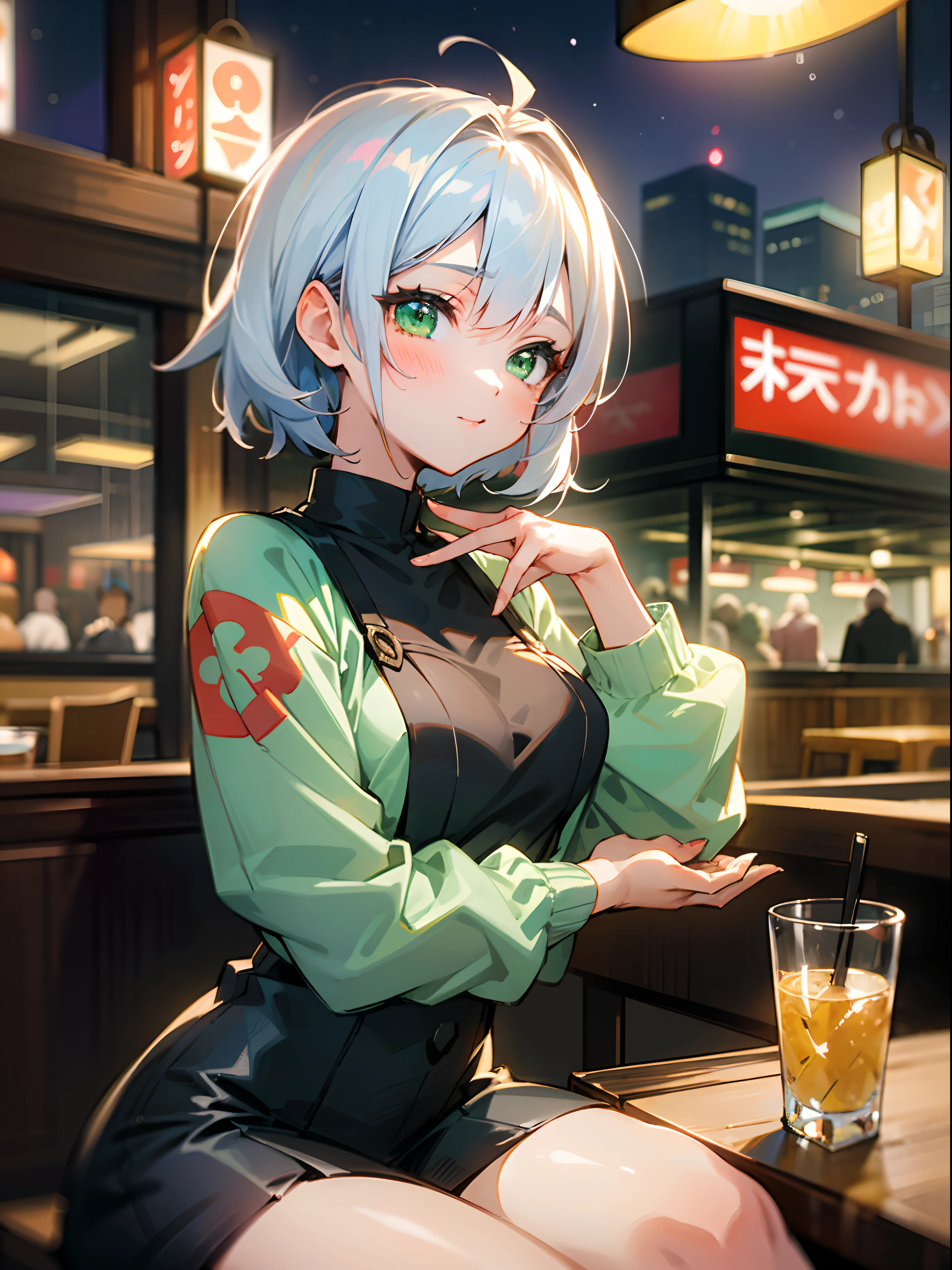 Anime girl with white short hairs, green eyes, sitting on the chair, night, city, restaurant, dinner, blush, 4k, high quality, supersharp, masterpiece, beautiful woman, perfect body, perfect face, cute face,