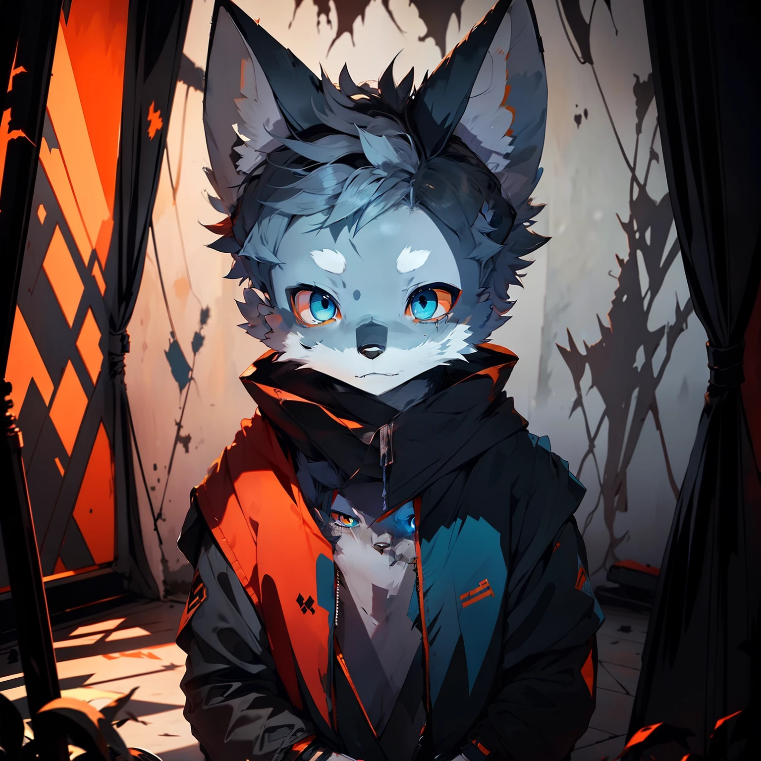 Wolf, juvenile, 1.5, composure, scarf, orange eyes, blue hair, yellow clothes, bandages,