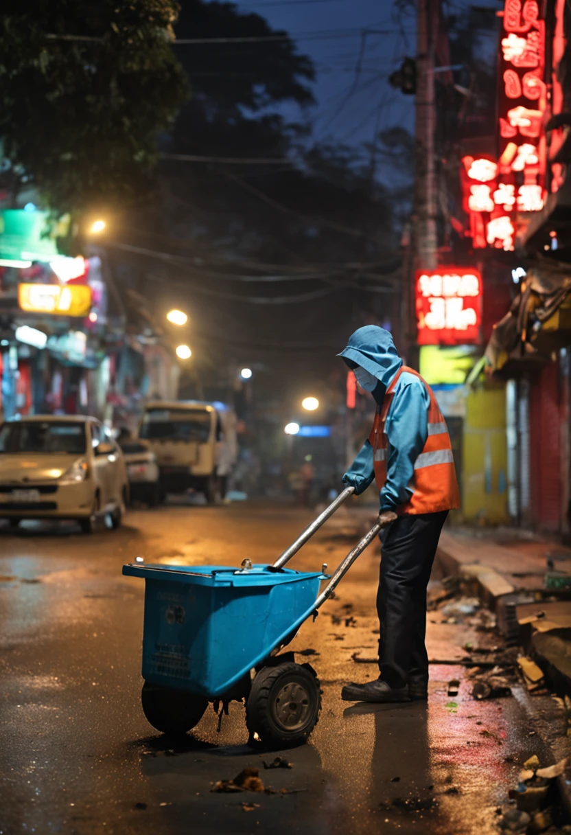 vietnam street sweeper in suite sweeping garbage on the street at mid autum night