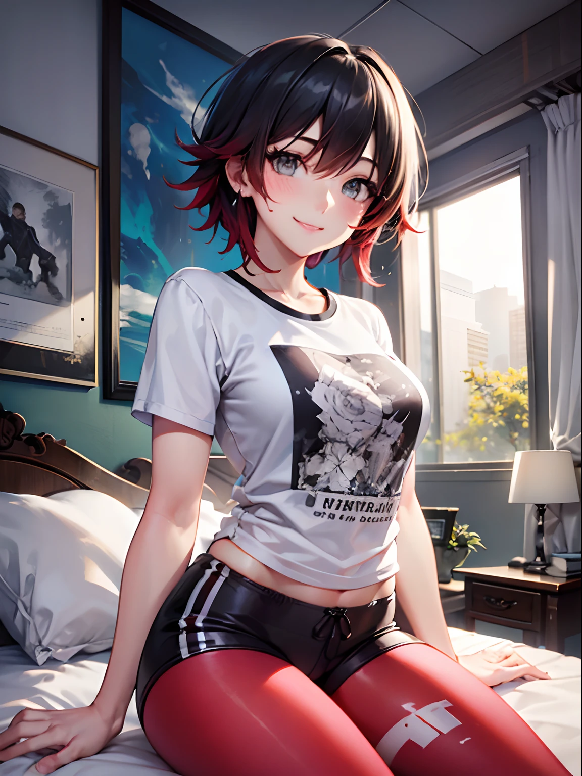 (Masterpiece, Best Quality:1.2), Cowboy shot, 独奏, 1girl, Ruby Rose, Smile, looking a viewer, earphones, Nightie, t shirt, black sweatpants, wide thighs, bed room, Erotica