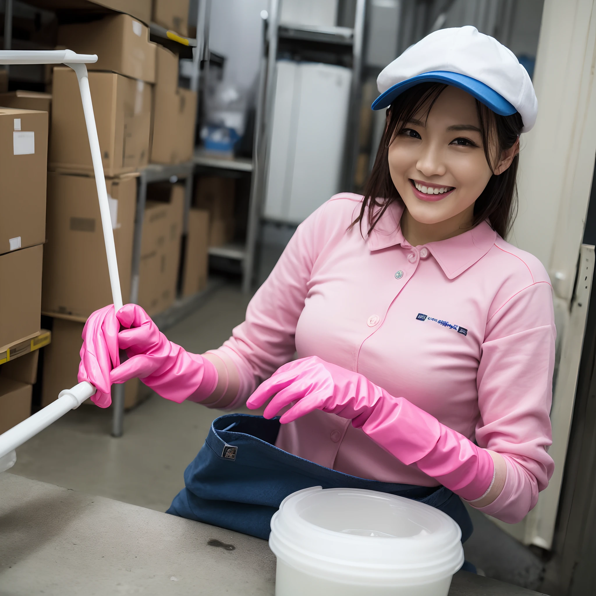 Japan female in her 30s,Wearing a blue workwear shirt,Wearing a blue cap hat,a smile,Showing you around the warehouse,Recruitment,piece sign、Enamel gloves、Pink enamel gloves、Pink enamel gloves、Pink long rubber gloves、Glossy pink gloves、whole body soaked、long boots、boot、Nasty face、Bully、cleaning、Gloves are sticky、Getting wet with white liquid、stare、お漏らし