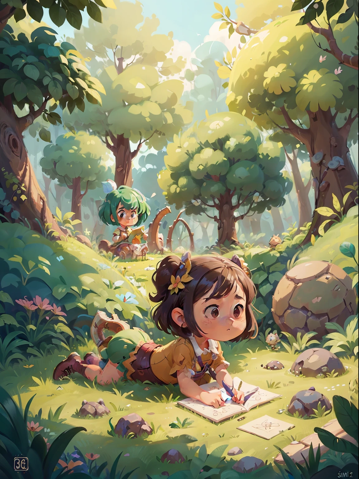 girl drawing in the garden, on her belly on the ground, fantasy world, very stylized character design, stylized character design, game character concept art, high quality character design, full character concept art, full character design, detailed full body concept art, children's book, simpel, concept art style, 8k character concept art, 8 k character concept art