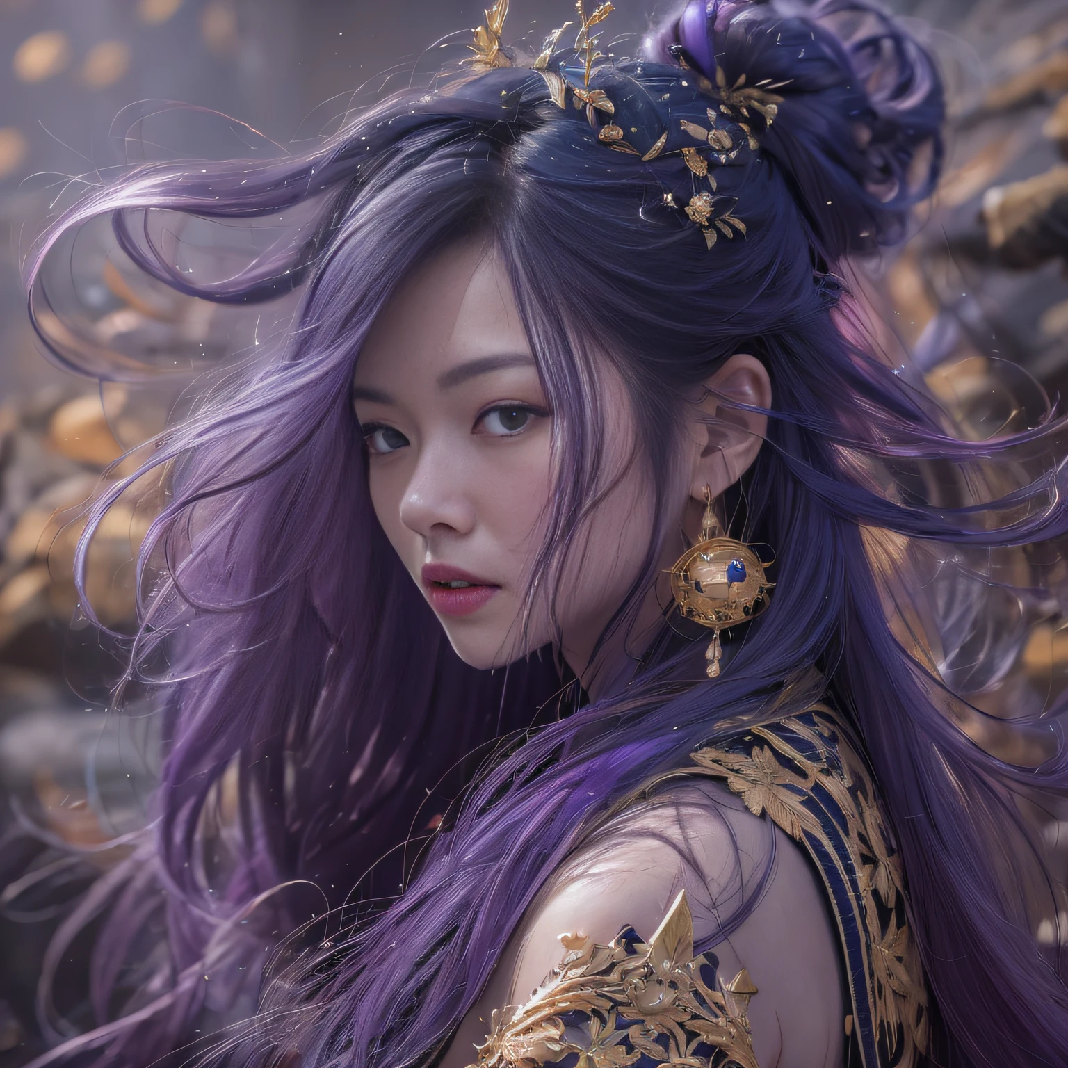 32K(tmasterpiece,k hd,hyper HD,32K)Long flowing bright purple hair,Autumn Pond,zydink, a color, Asian people (Silly girl), (Silk scarf), Combat posture, looking at the ground, long whitr hair, Floating bright purple, Fire cloud pattern gold skull headdress, Chinese long-sleeved gold silk garment, (abstract ink splash:1.2), white backgrounid,Lotus protector(realisticlying:1.4),Bright purple hair,Smoke on the road,The background is pure,Side squats, A high resolution, the detail, RAW photogr, Sharp Re, Nikon D850 Film Stock Photo by Jefferies Lee 4 Kodak Portra 400 Camera F1.6 shots, Rich colors, ultra-realistic vivid textures, Dramatic lighting, Unreal Engine Art Station Trend, cinestir 800,Long flowing bright purple hair