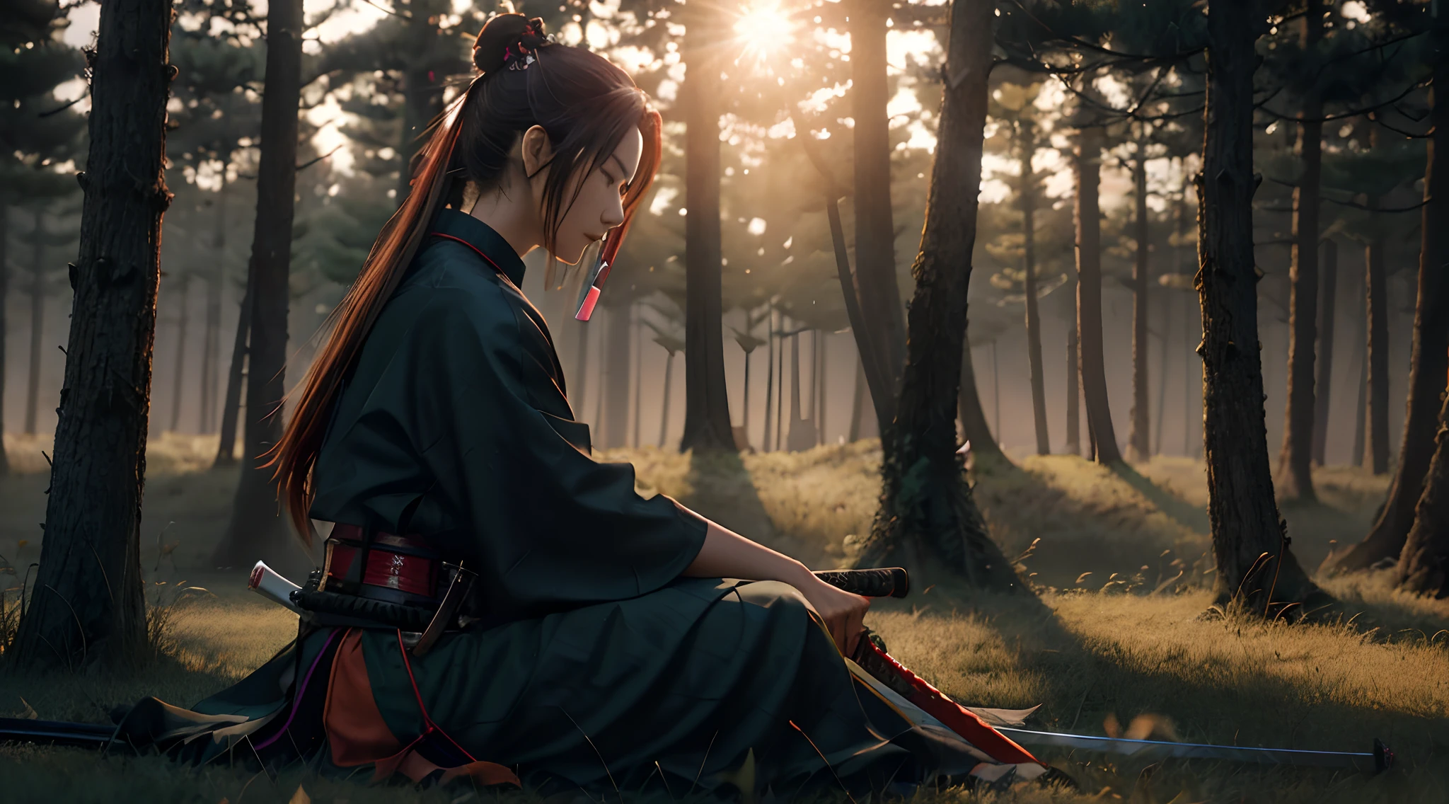 arafed woman sitting in the grass with a sword in her hand, hold sword in the forest, she is holding a katana sword, unsheathing her katana, female samurai, portrait shot, badass anime 8 k, fox nobushi holding a naginata, samurai style, very beautiful cyberpunk samurai, aenami alena, holding katana