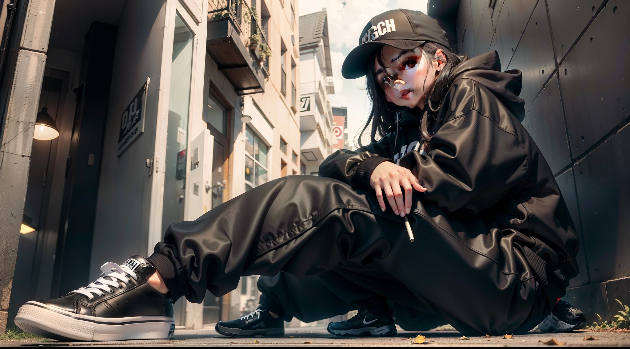 A girl in a cap, a black oversized sweatshirt, a large sweatshirt, black large, szwer sized loose pants, black sneakers, reference style, with a cigarette in her hands, the style of the 2000s