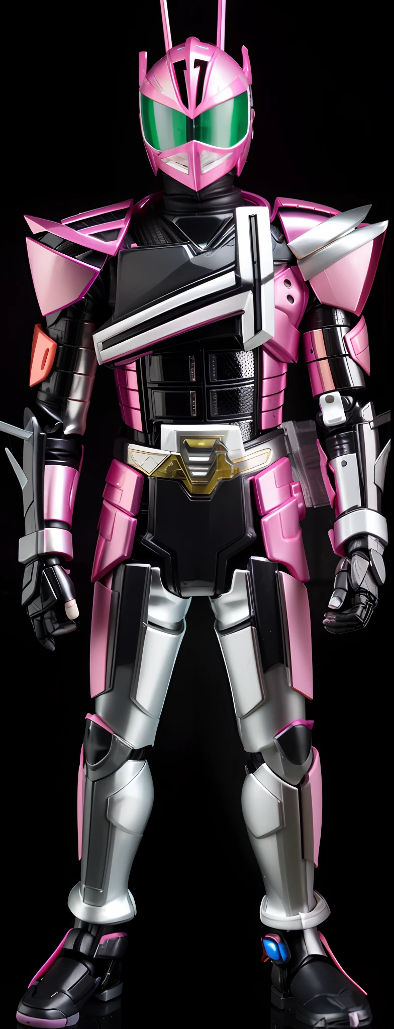 Close up of toy characters of pink and silver robots, sharp silver armor fuchsia skin, slick pink armor, Streamlined pink armor, shining pink armor, matte pink armor, ultra hyper-detailed, fourze, fuchsia skin beneath the armor, cyber japan style armor, ultra mega detailed, Details, high-resolution details, upper torso included, detailled image