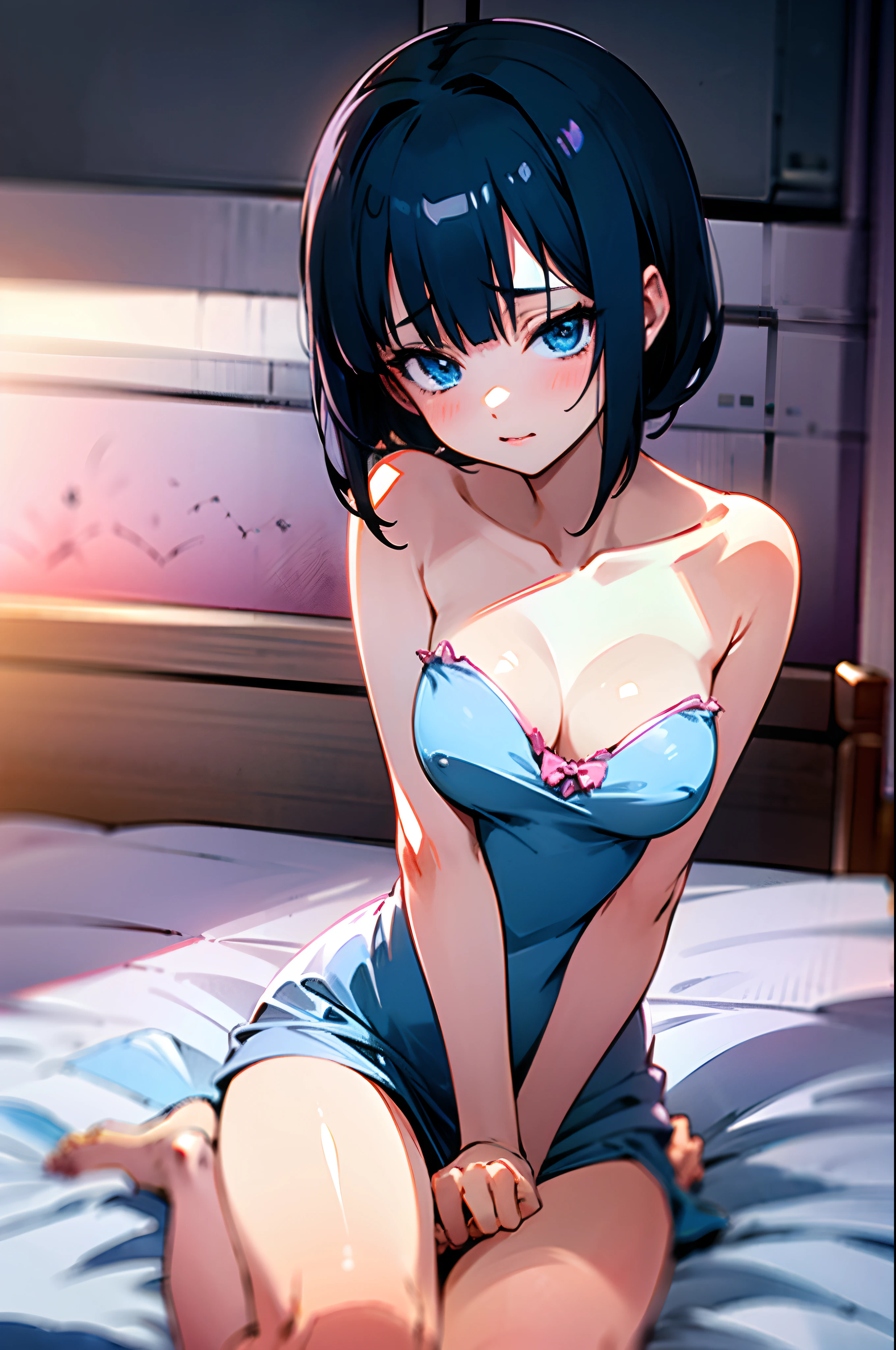 Anime girl with short black hair, blue eyes, wearing sleeping dress, sitting on the bed, bedroom, pink neons, pink lights, supersharp, beautiful, seductive girl, 8k, ultrasharp, perfect body