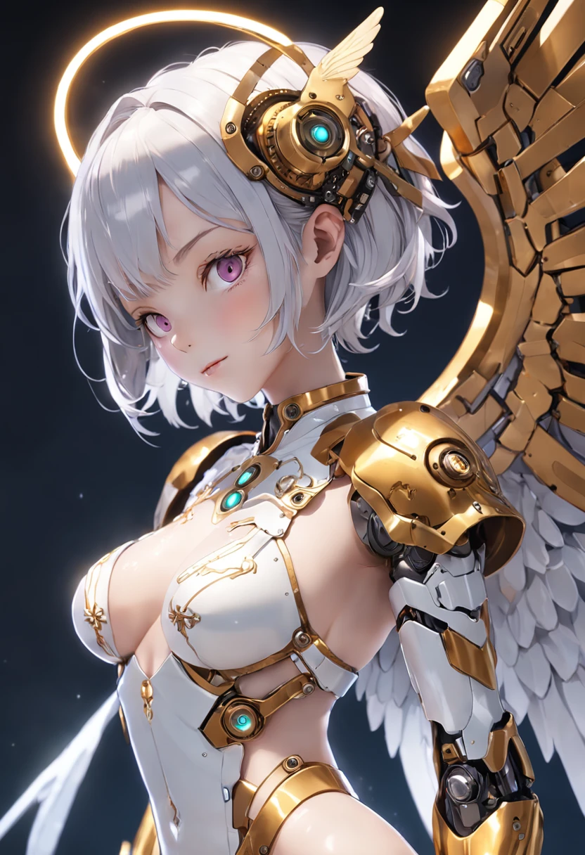 Create a bot, The gesture of the arrival of angels，12 to 16 years old, With a charming smile, Trigger emotions in people, When you see him, top-quality、tmasterpiece、超A high resolution、(Photorealsitic:1.4)、RAW photo、Steampunk robot angel、Large wing made of metal、White porcelain body、whaite hair、glowy skin、1 Cyborg Girl、((Super realistic details))、porate、The halo of time and gears are constantly spinning behind the back、globalillumination、black shadows、octan render、8K、ultrasharp、Character edge light,Colossal tits、Raw skin is exposed in cleavage、Details of complex ornaments、Acrylic transparent cover、Sumerian details、Hydraulic cylinder、small led lights、highly intricate detail、Realistic light、a purple eye、Radiant eyes、Facing the camera、neon light detail、cow boy shot、Futuristic headgear、Floor plan about the《cyber punk perssonage》、、highest  quality、Extra meticulous、future-tech、Faraway view、Full body photo、